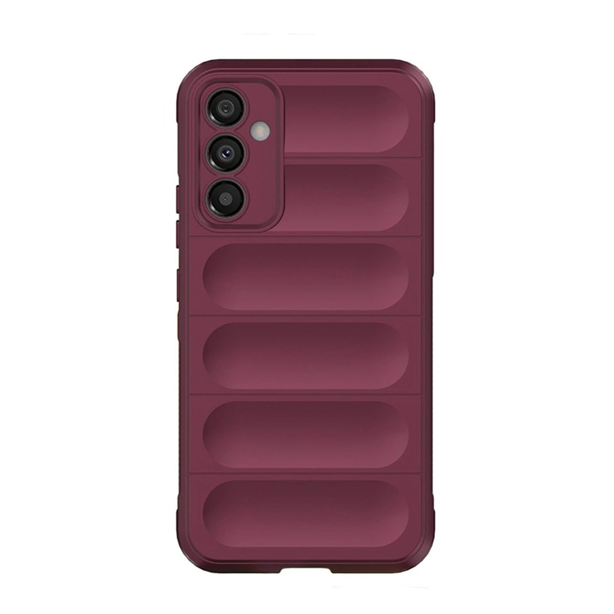 Kan kırmızısı renginde, nervürlü desenli ve kamera bloklu telefon kılıfı.
