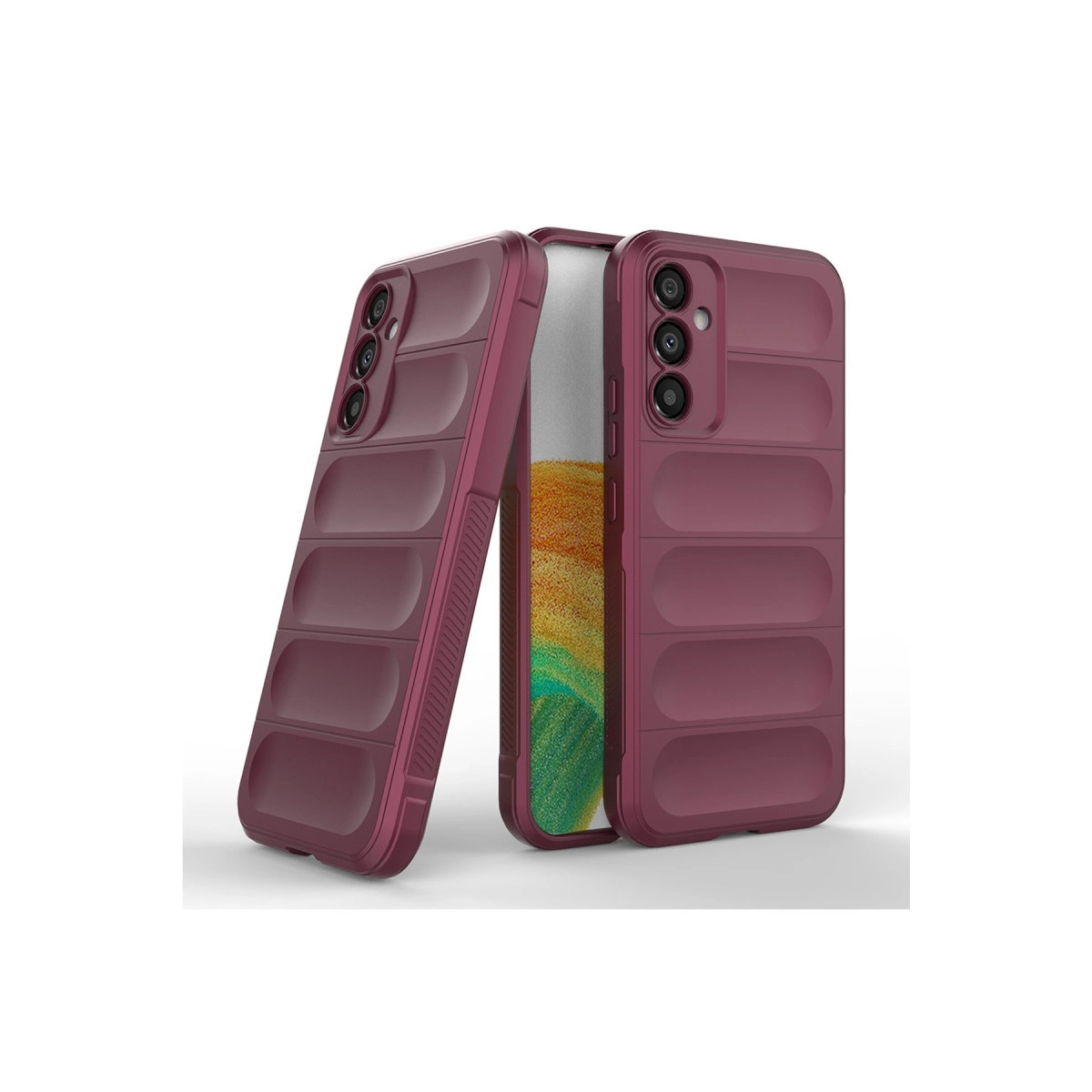 Kanallı ve kamera modüllü iki bordo telefon kılıfı.