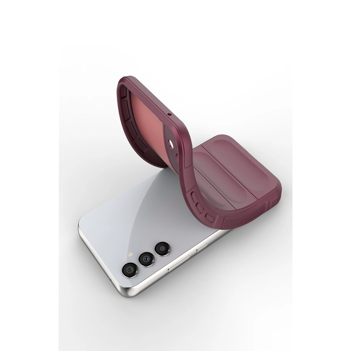 Bordo bir telefon kılıfı gümüş bir akıllı telefonun üzerine yerleştirilmiştir.