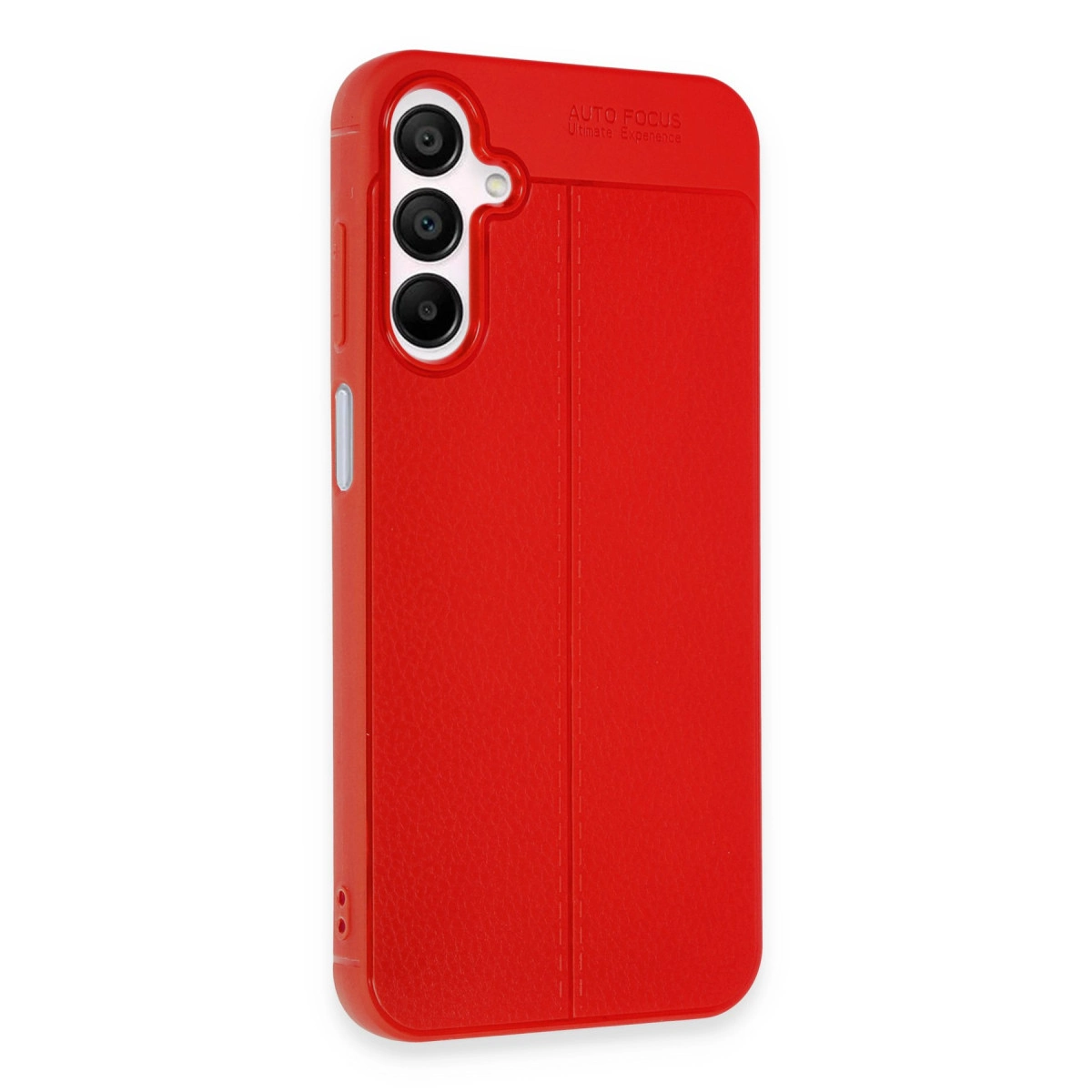 Kamera kesimli, dokulu kırmızı telefon kılıfı.