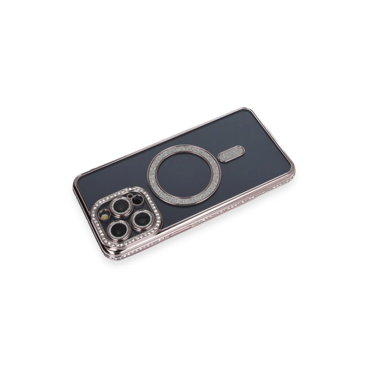 Simli halkalı ve lens çevreli koyu gri telefon kılıfı.