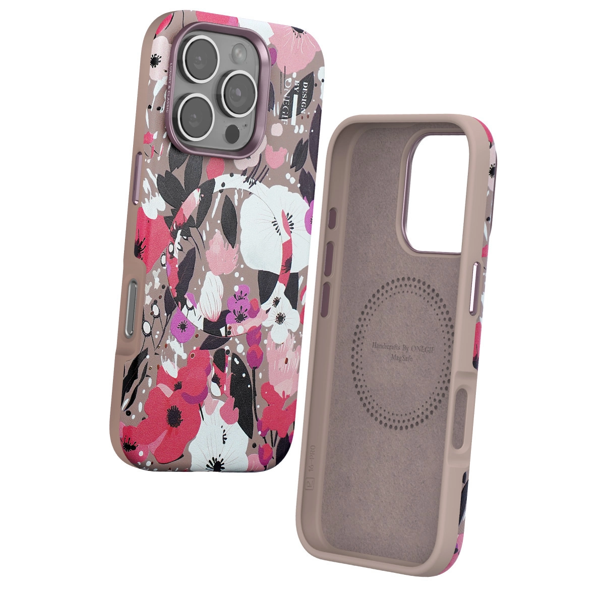 Çiçek desenli iki telefon kılıfı, biri kameralı, diğeri açık.