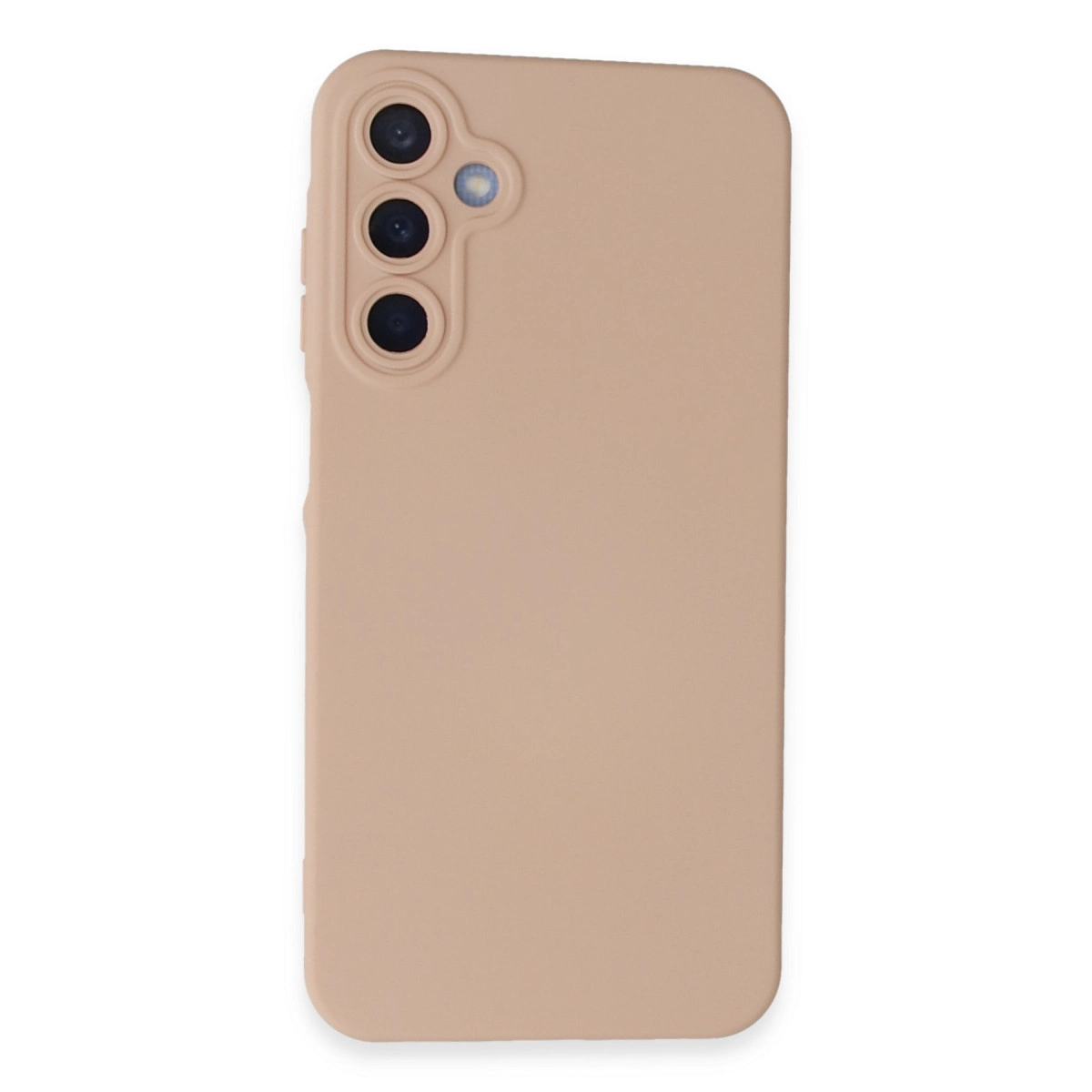 Üç kamera lensi ve flaşı olan bej telefon kılıfı.