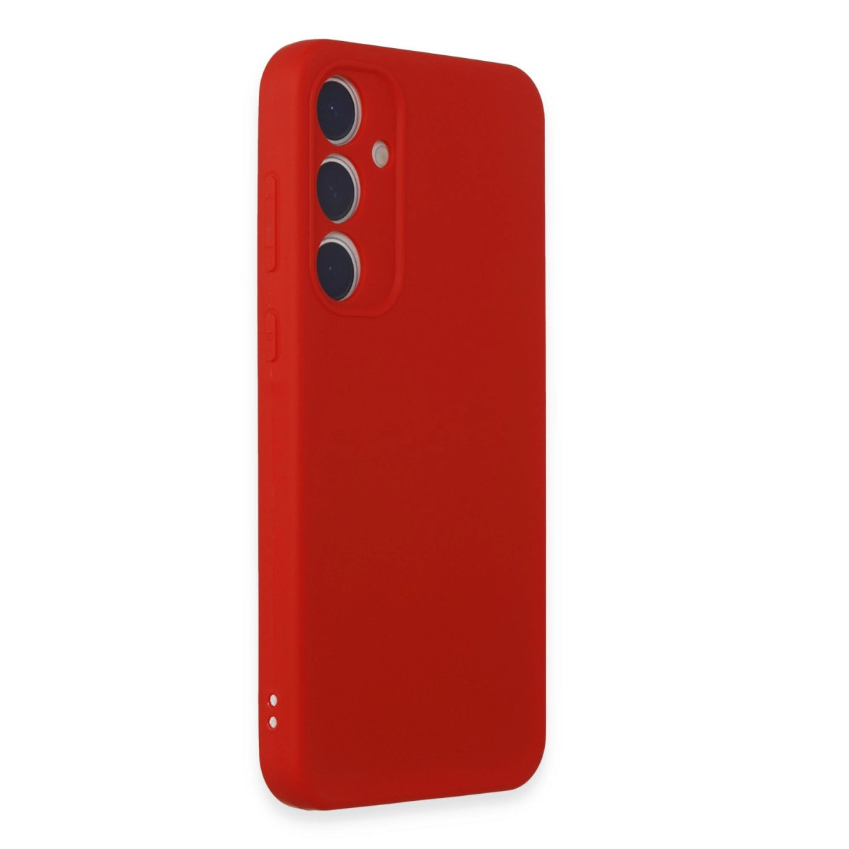 Üç kamera lensli ve yan düğmeli kırmızı telefon kılıfı.