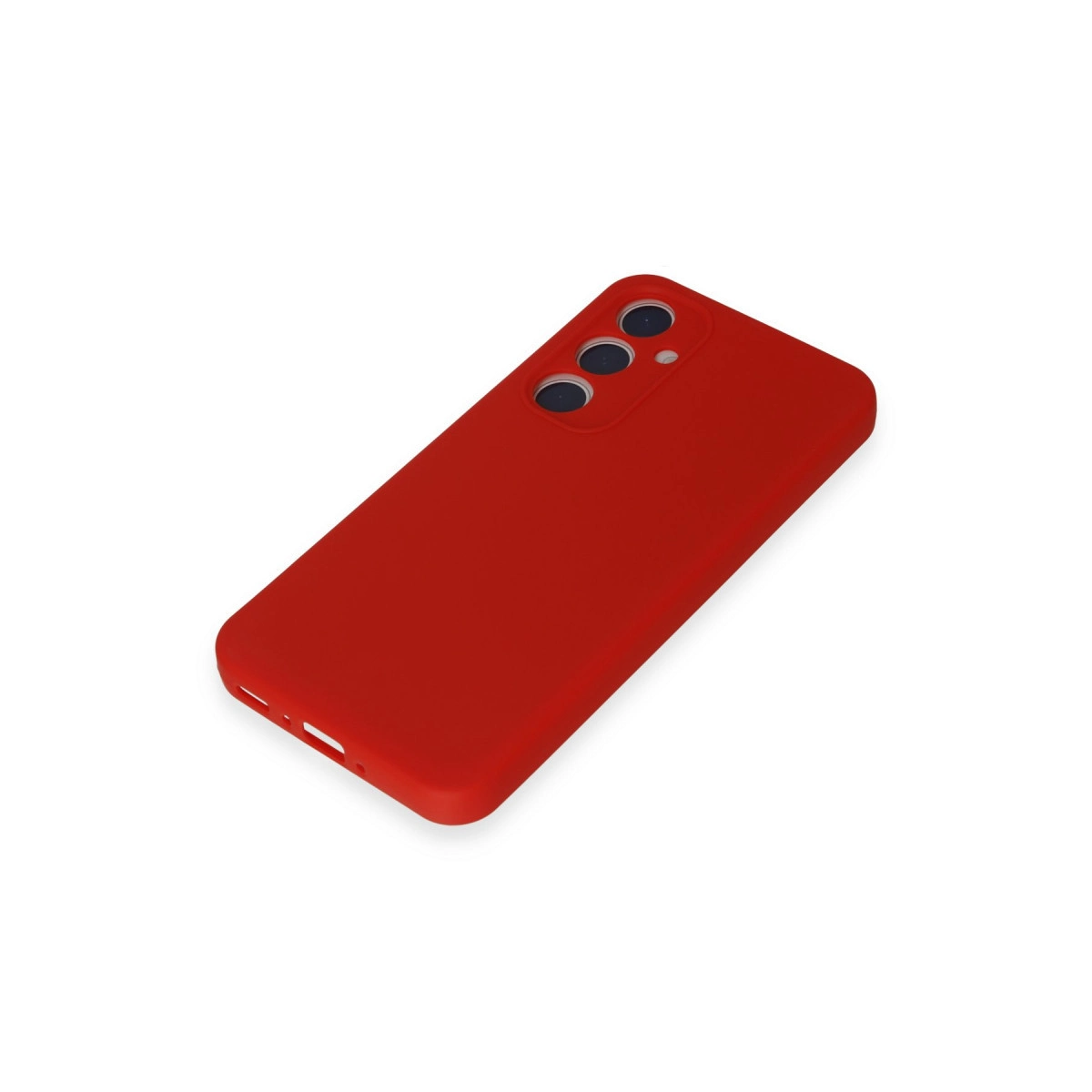 Arkada üç kamera lensli kırmızı telefon kılıfı.