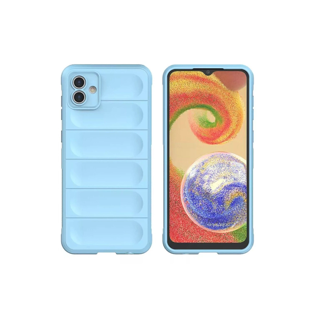 Kanallı açık mavi telefon kılıfı ve renkli ekranlı bir akıllı telefon.