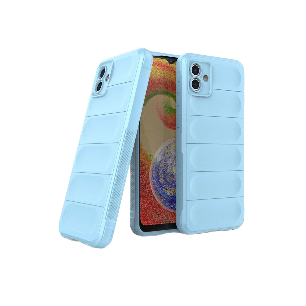 Yatay çıkıntılı iki açık mavi telefon kılıfı. Bir kılıf telefon ekranını gösteriyor.