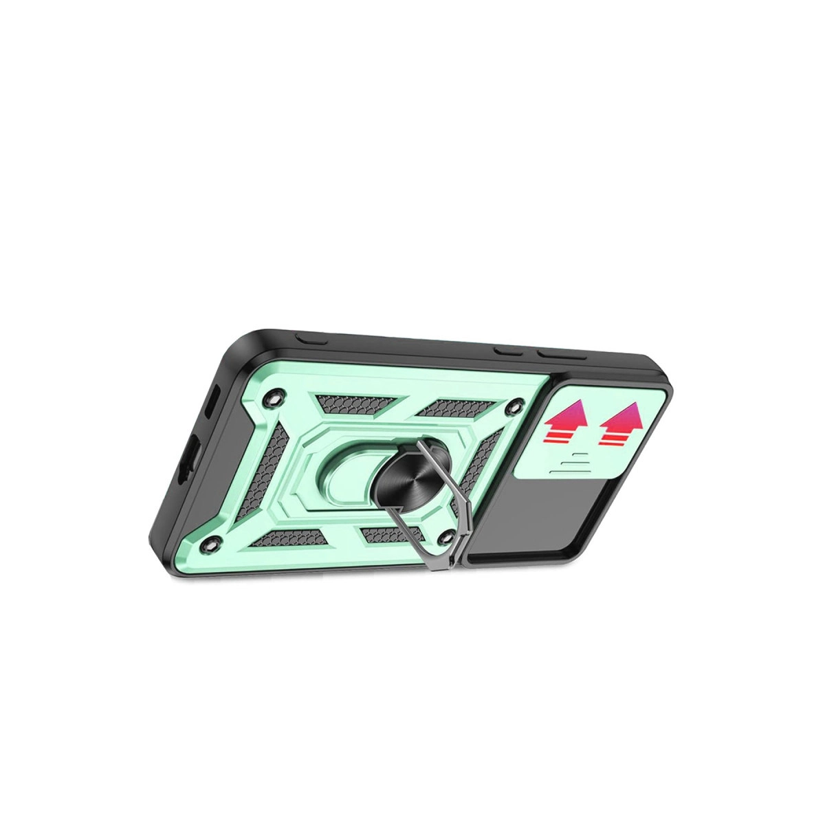 Nane yeşili telefon kılıfı, halka tutucu ve kırmızı oklar.
