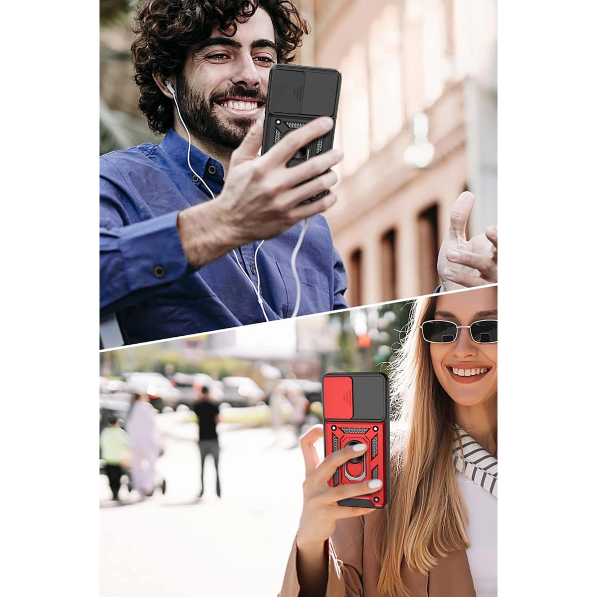 Kulaklıklı adam telefon tutuyor, kadın kırmızı kılıflı telefonla selfie çekiyor.