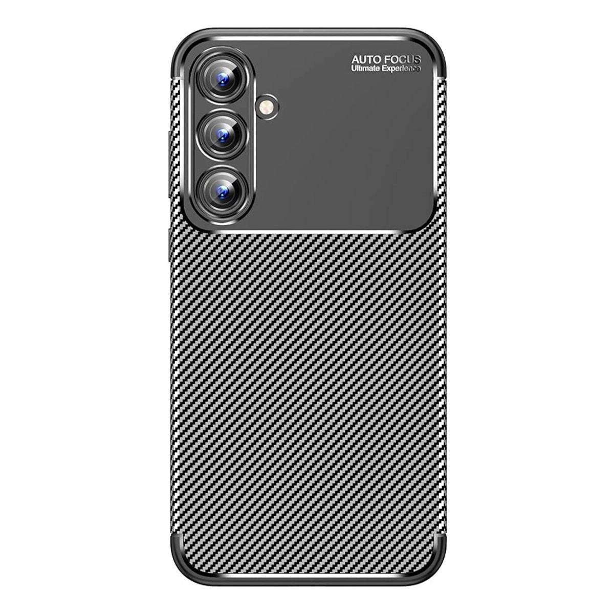 Karbon fiber desenli ve üçlü kamera kesimli siyah telefon kılıfı.