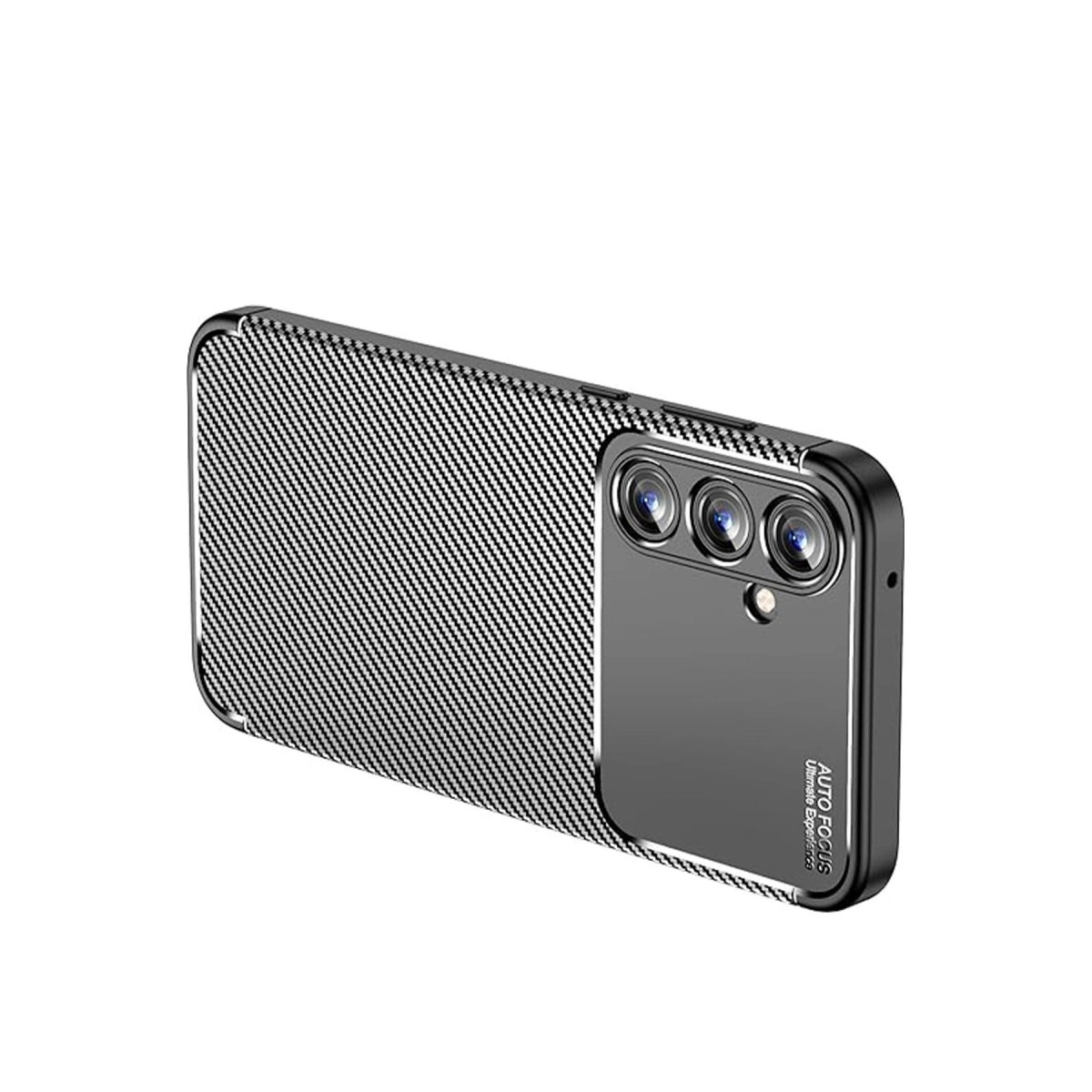 Karbon desenli ve üçlü kamera lensli siyah telefon kılıfı.