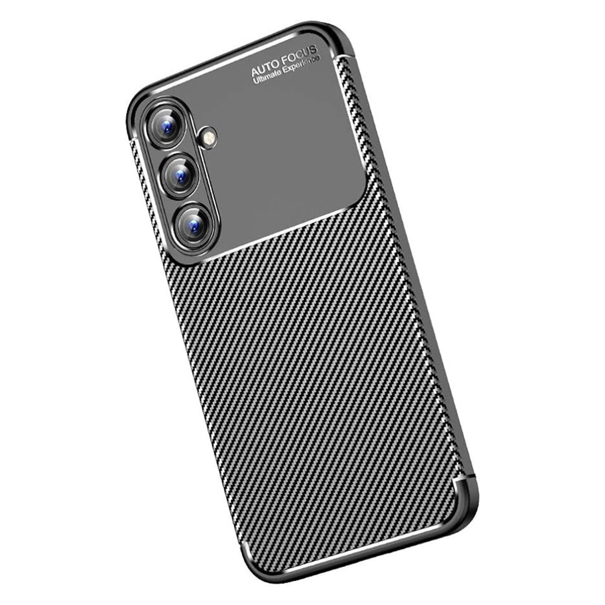 Karbon fiber desenli ve üç lensli gri telefon kılıfı.