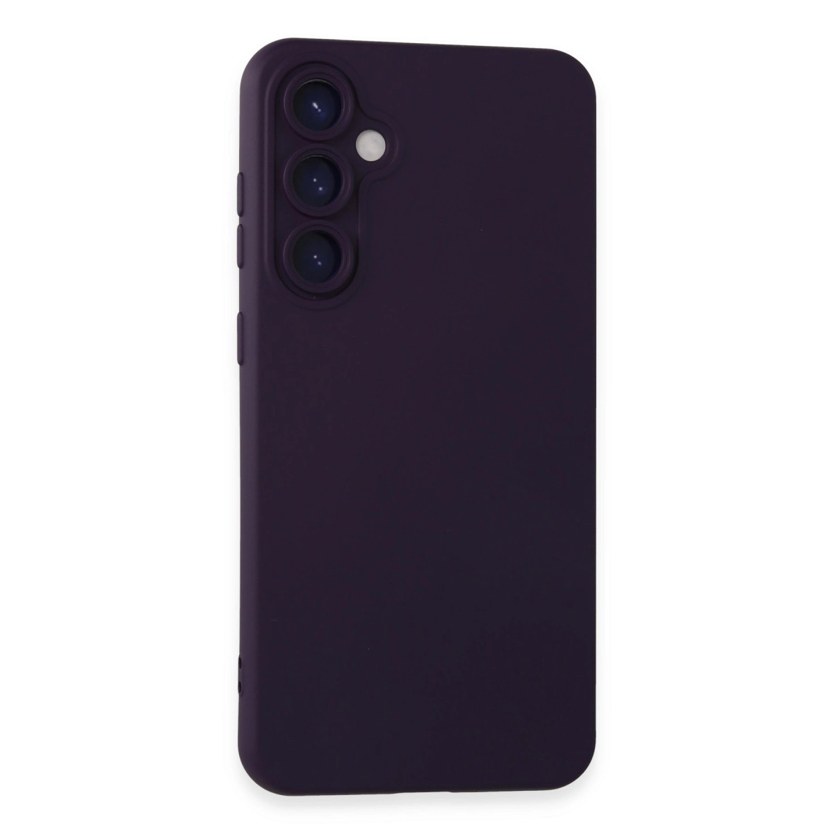Üçlü kamera kurulumlu ve flaşlı koyu mor telefon kılıfı.