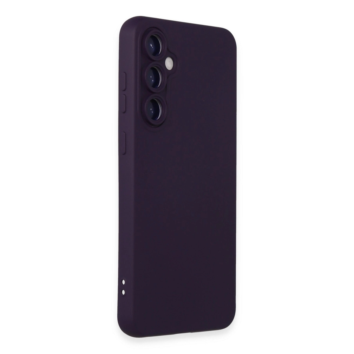 Üç kamera lensli ve yan düğmeli koyu mor telefon kılıfı.