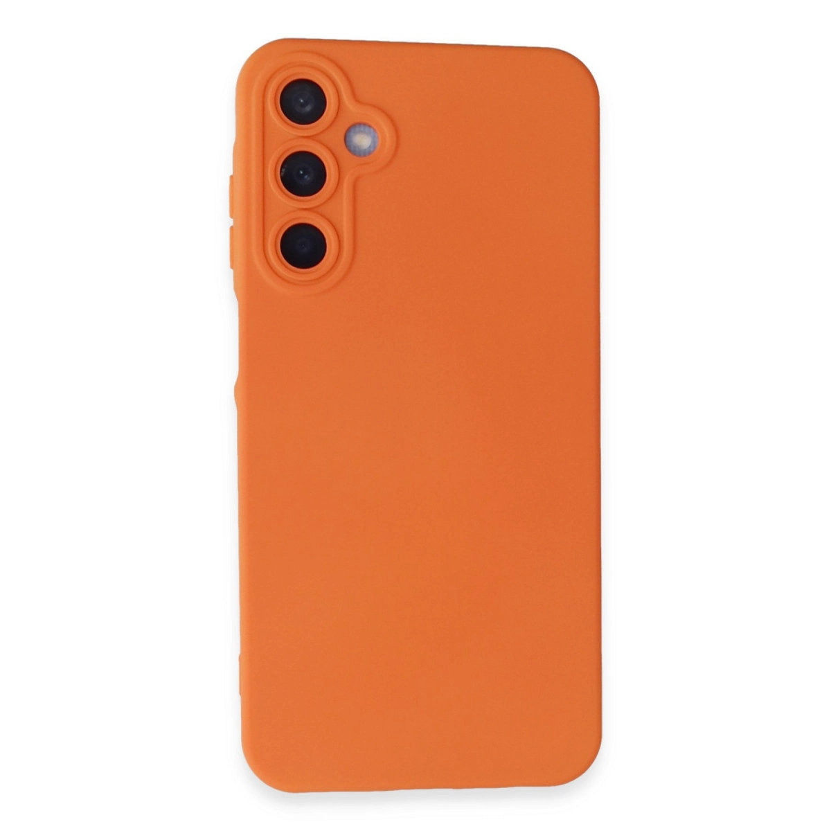 Üç kamera lensli ve flaşlı turuncu telefon kılıfı.