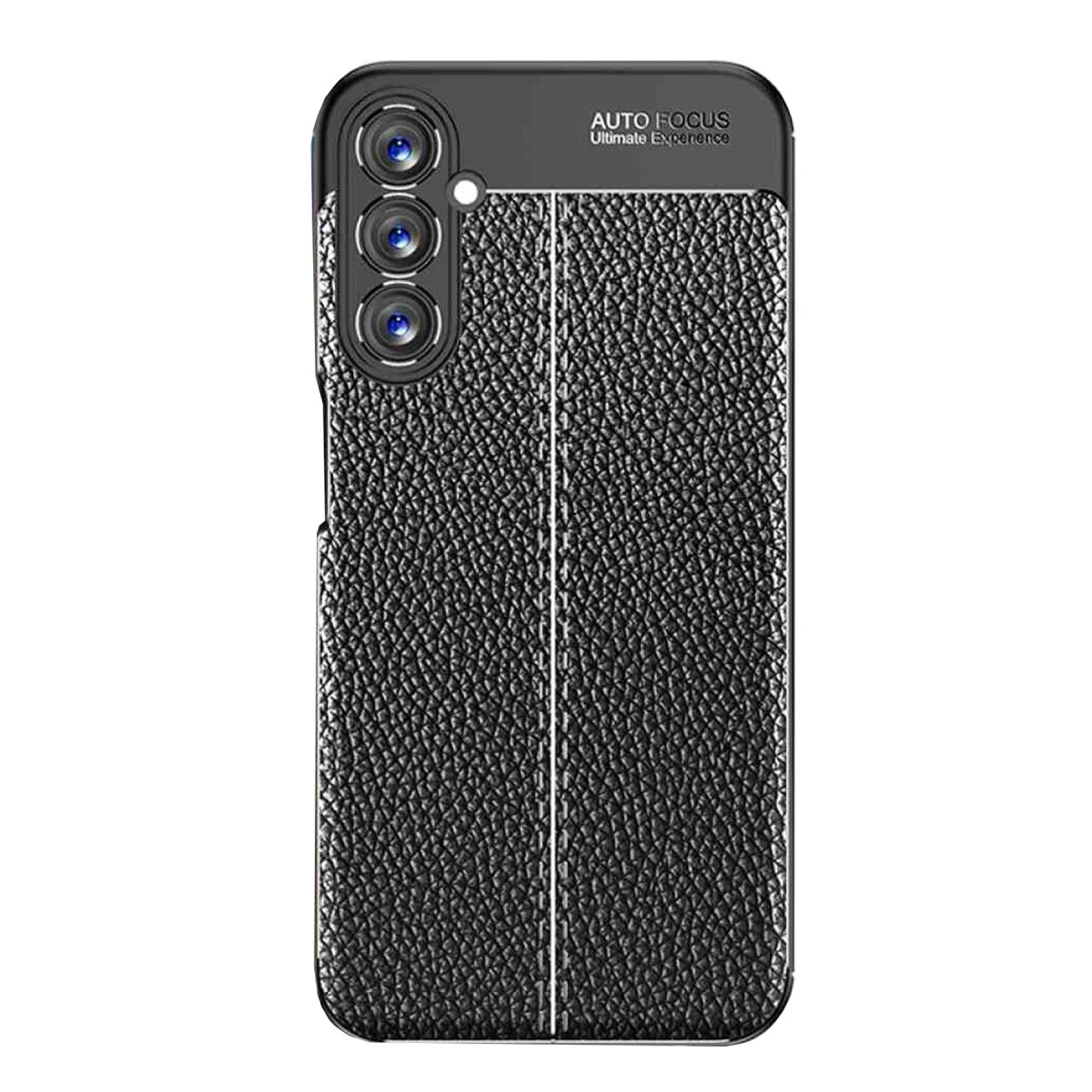 Üç kameralı, deri dokulu siyah telefon kılıfı.