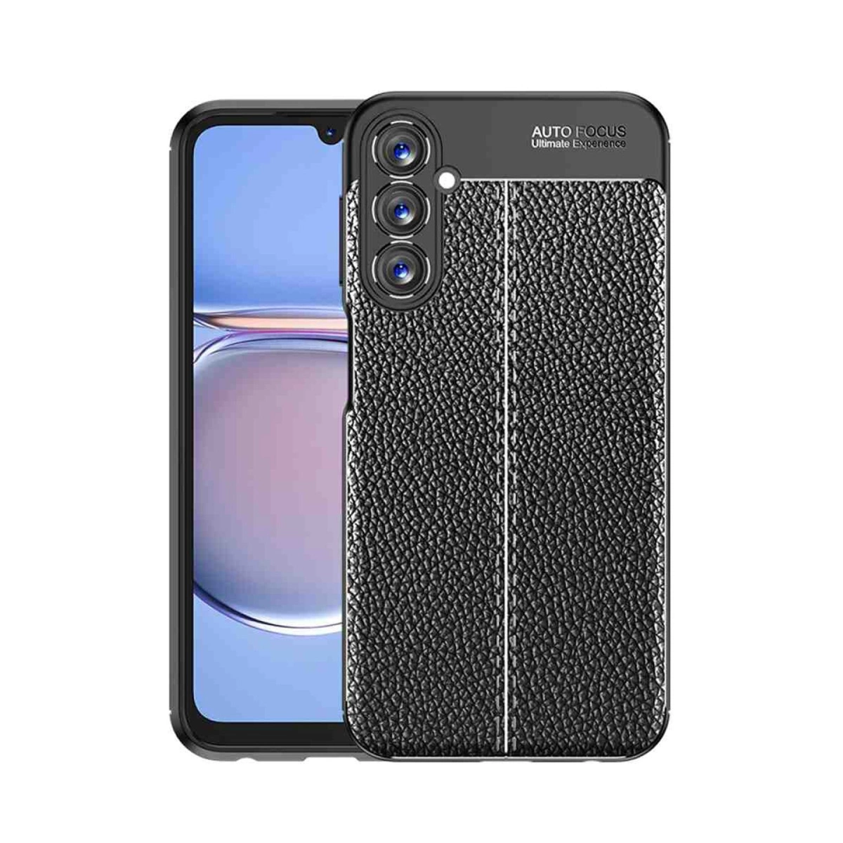 Deri dokulu siyah telefon kılıfı ve üçlü kamera kesiti.