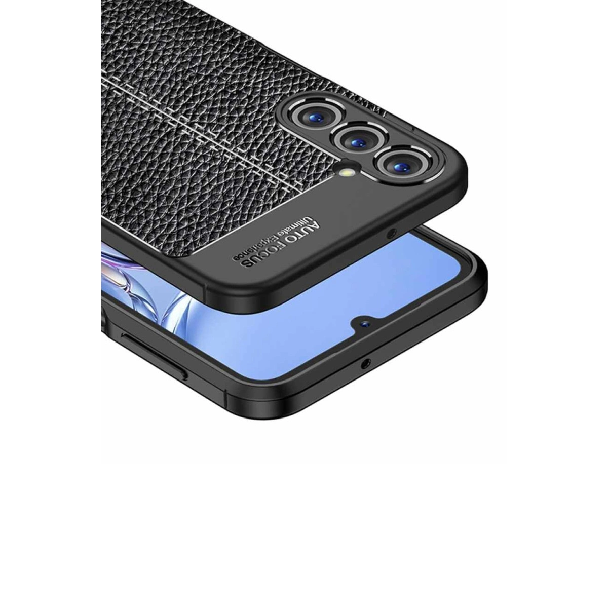 Mavi ekranda üç kamera lensli, dokulu siyah telefon kılıfı.