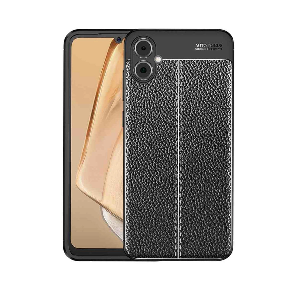 Çift kameralı, beyaz dikişli siyah deri telefon kılıfı.