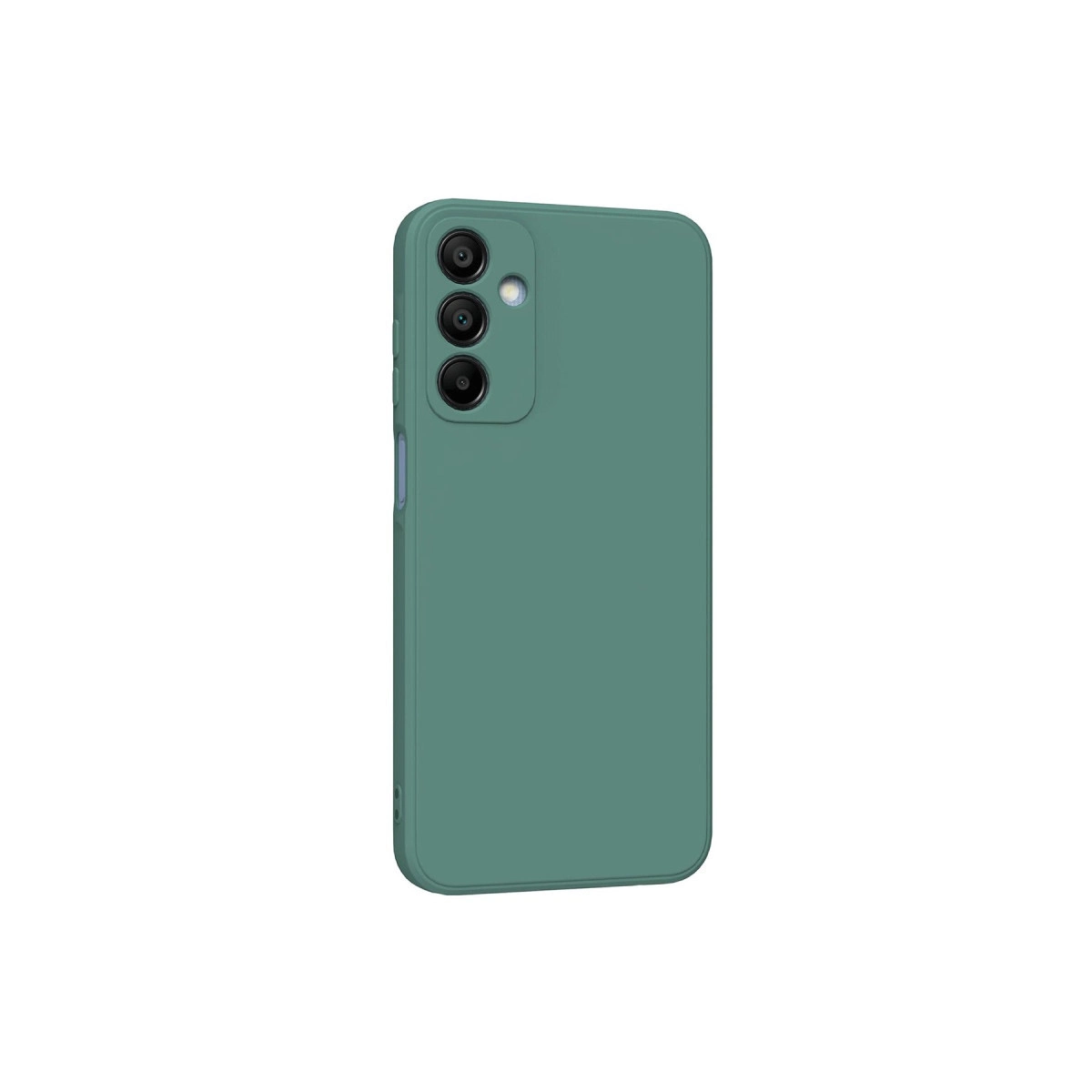 Beyaz arka plan üzerinde üç kamera lensi ve flaşlı yeşil telefon kılıfı.