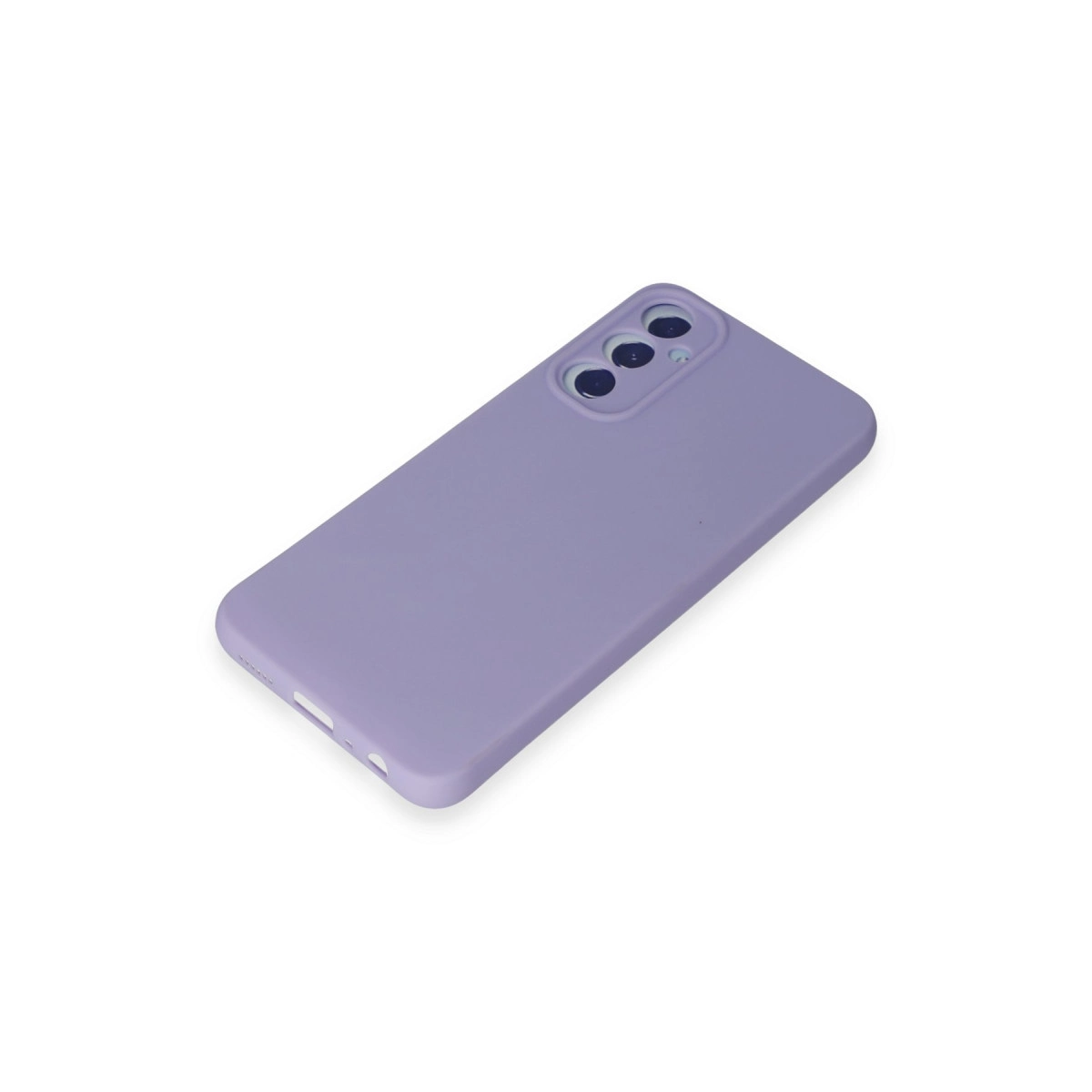 Arkada üç kamera lensi bulunan lavanta rengi telefon kılıfı.