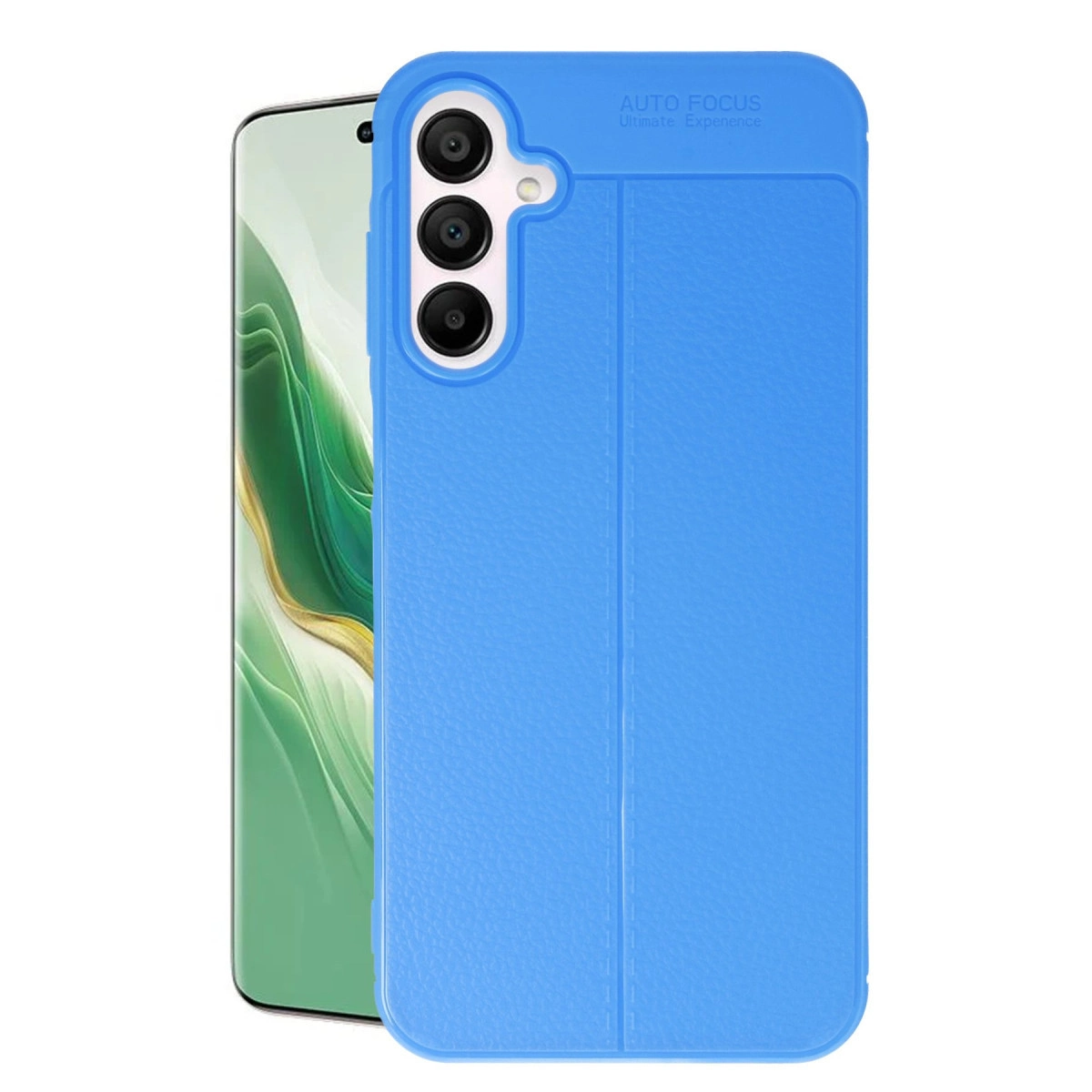 Kamera kesimli mavi telefon kılıfı, yeşil ekranlı telefonun yanında.