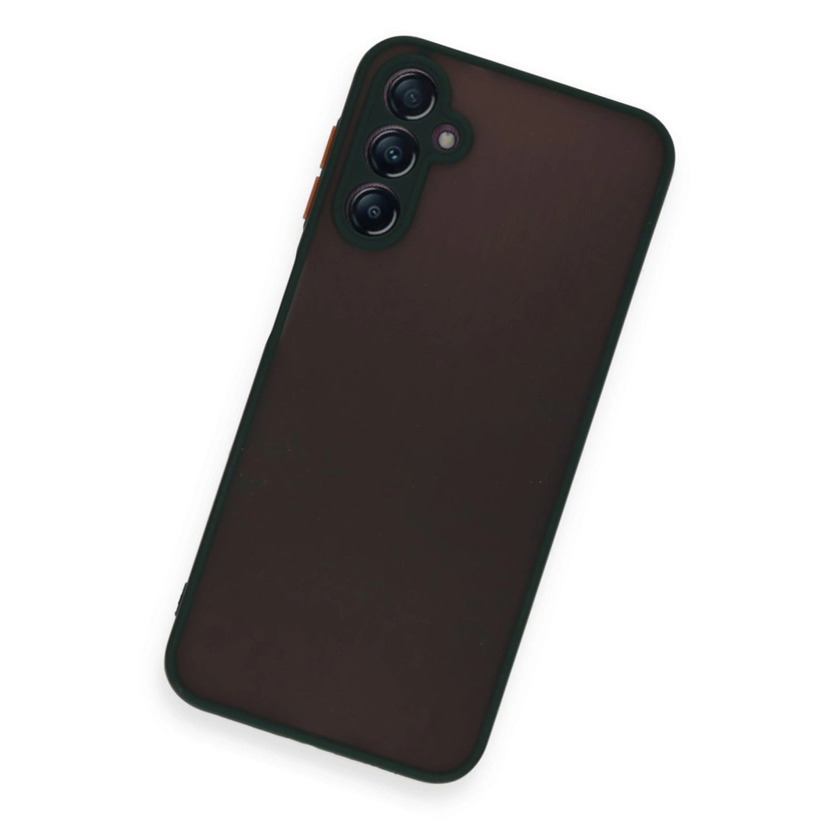 Üç kamera lensli ve flaşlı koyu kahverengi telefon kılıfı.