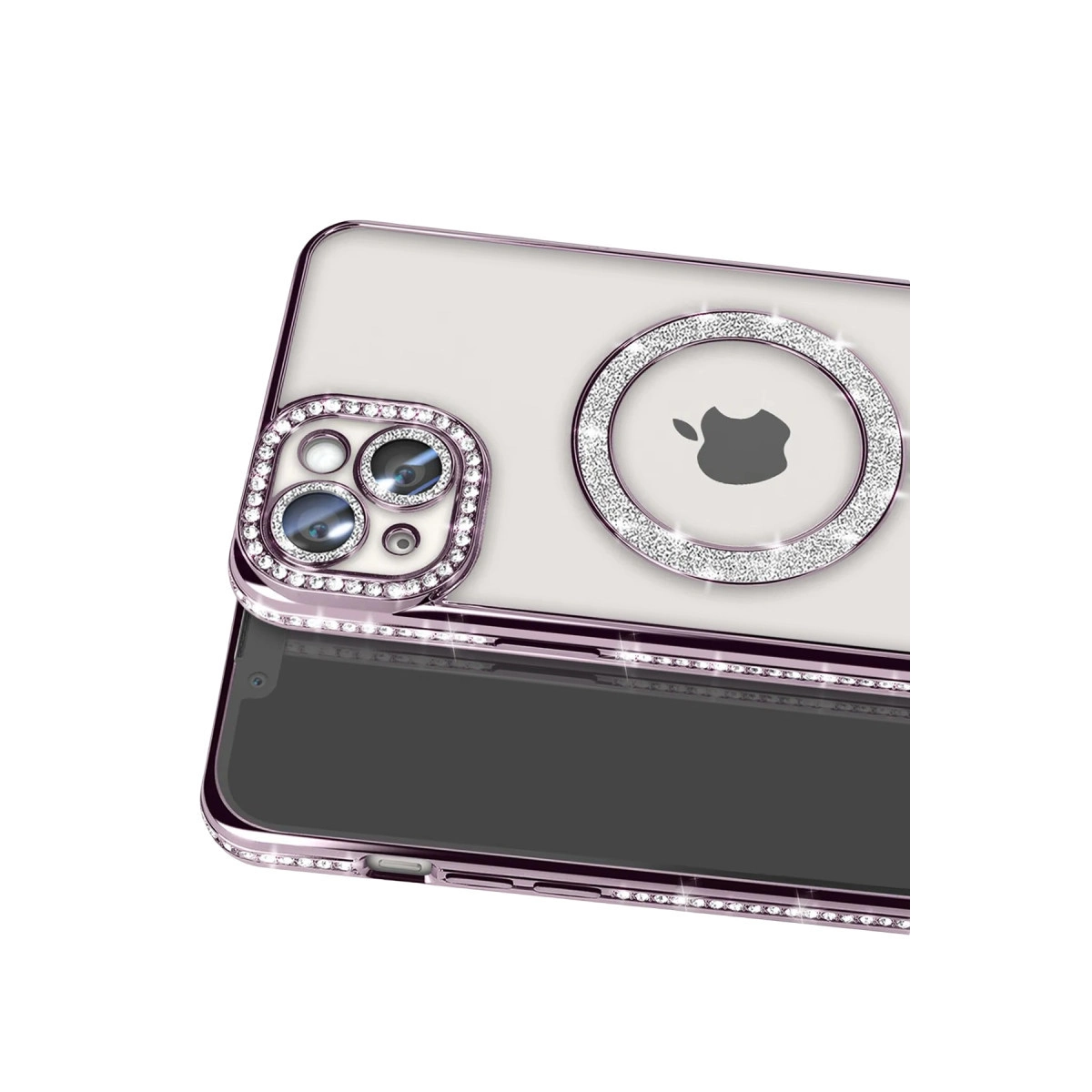 Elmas taşlarla ve Apple logosuyla süslenmiş mor iPhone kılıfı.