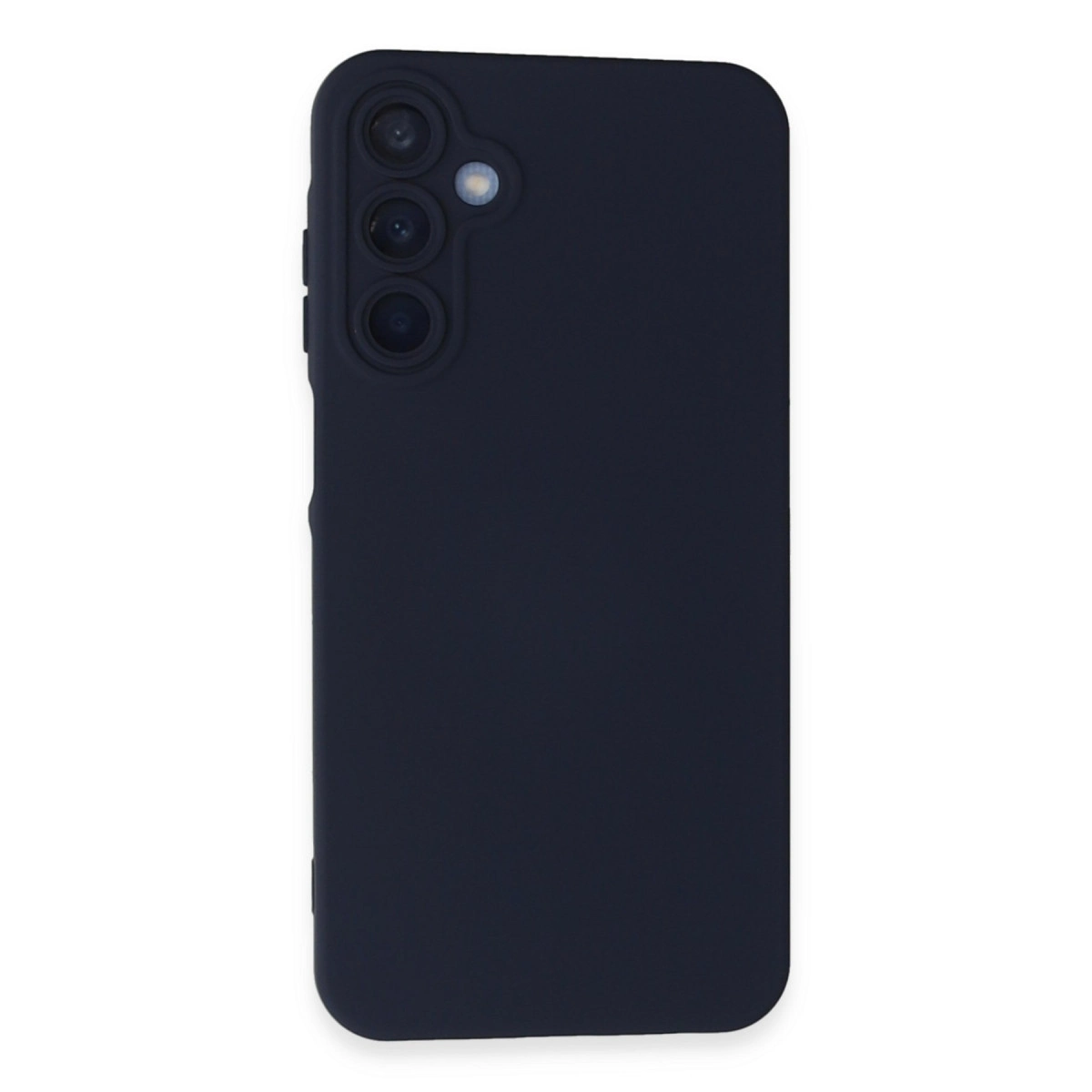 Üç kamera lensi ve flaşlı lacivert telefon kılıfı.