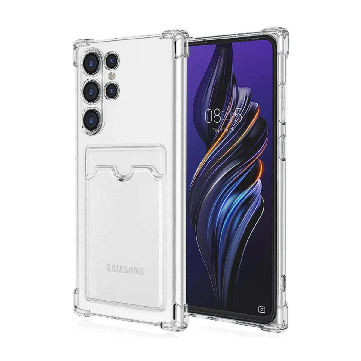 Mavi duvar kağıdı gösteren kart tutuculu şeffaf telefon kılıfı ve akıllı telefon.