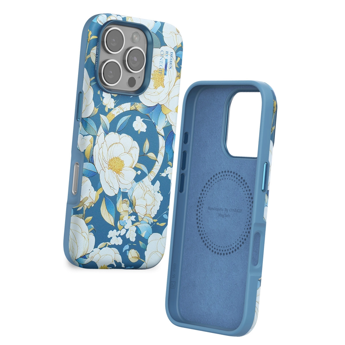 Çiçek desenli mavi telefon kılıfı, kamera açıklığı. İçi mavidir.