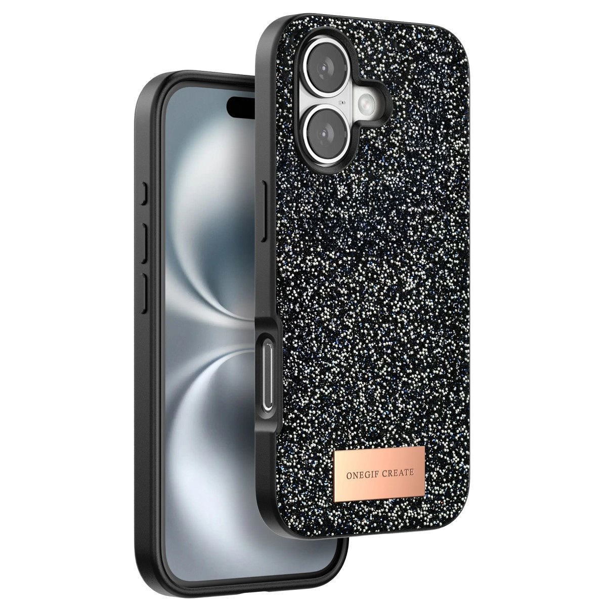 Simli, kamera kesimli, isimlikli siyah iPhone kılıfı.