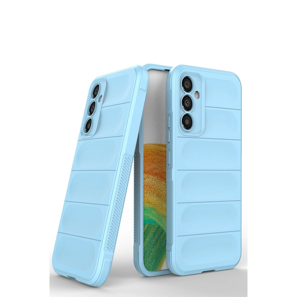 Yatay çıkıntılı ve kamera modüllü iki açık mavi telefon kılıfı.