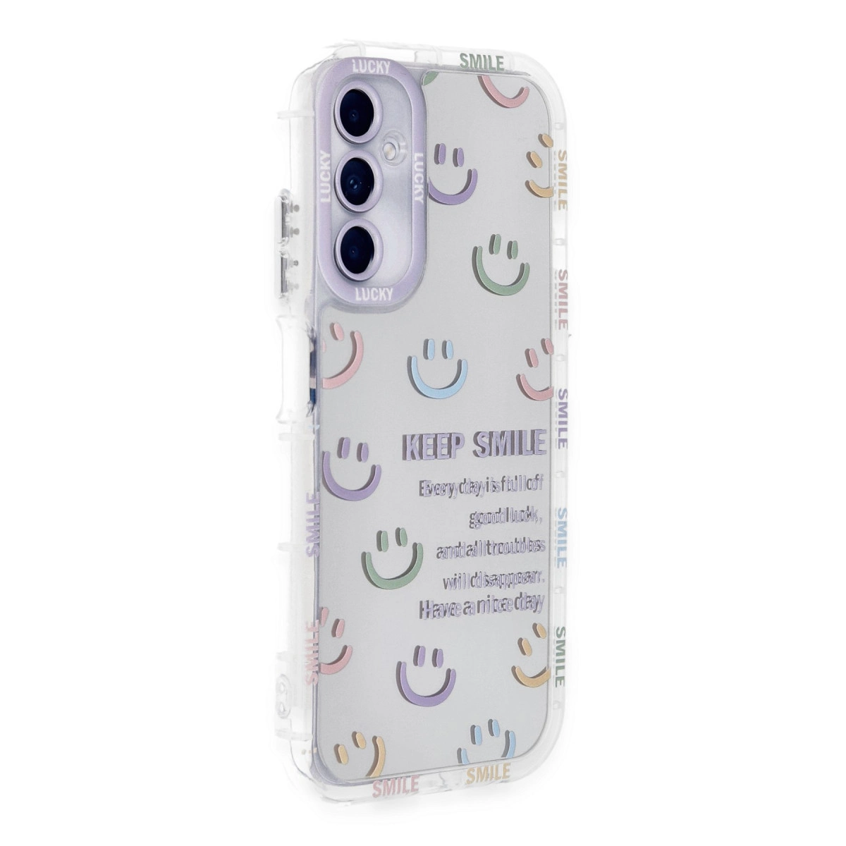 Üzerinde gülen yüzler ve "KEEP SMILE" yazısı bulunan şeffaf telefon kılıfı.