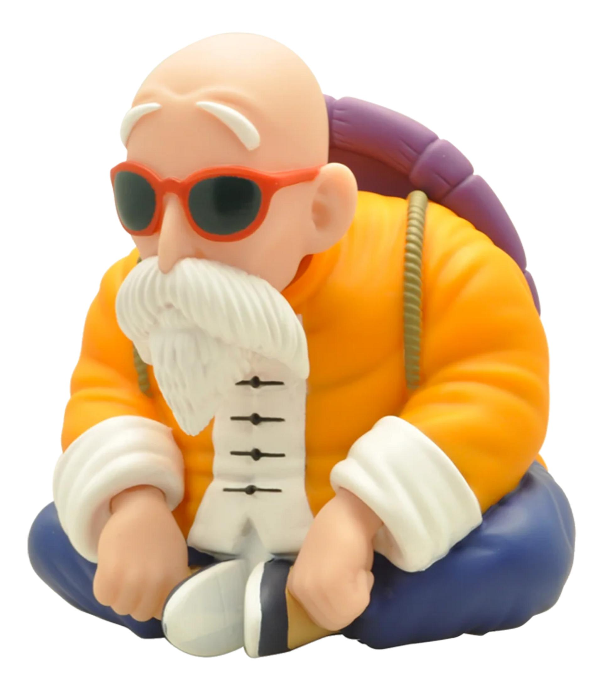 Eine Figur von Master Roshi mit Sonnenbrille, orangefarbenem Oberteil und Schildkrötenpanzer.