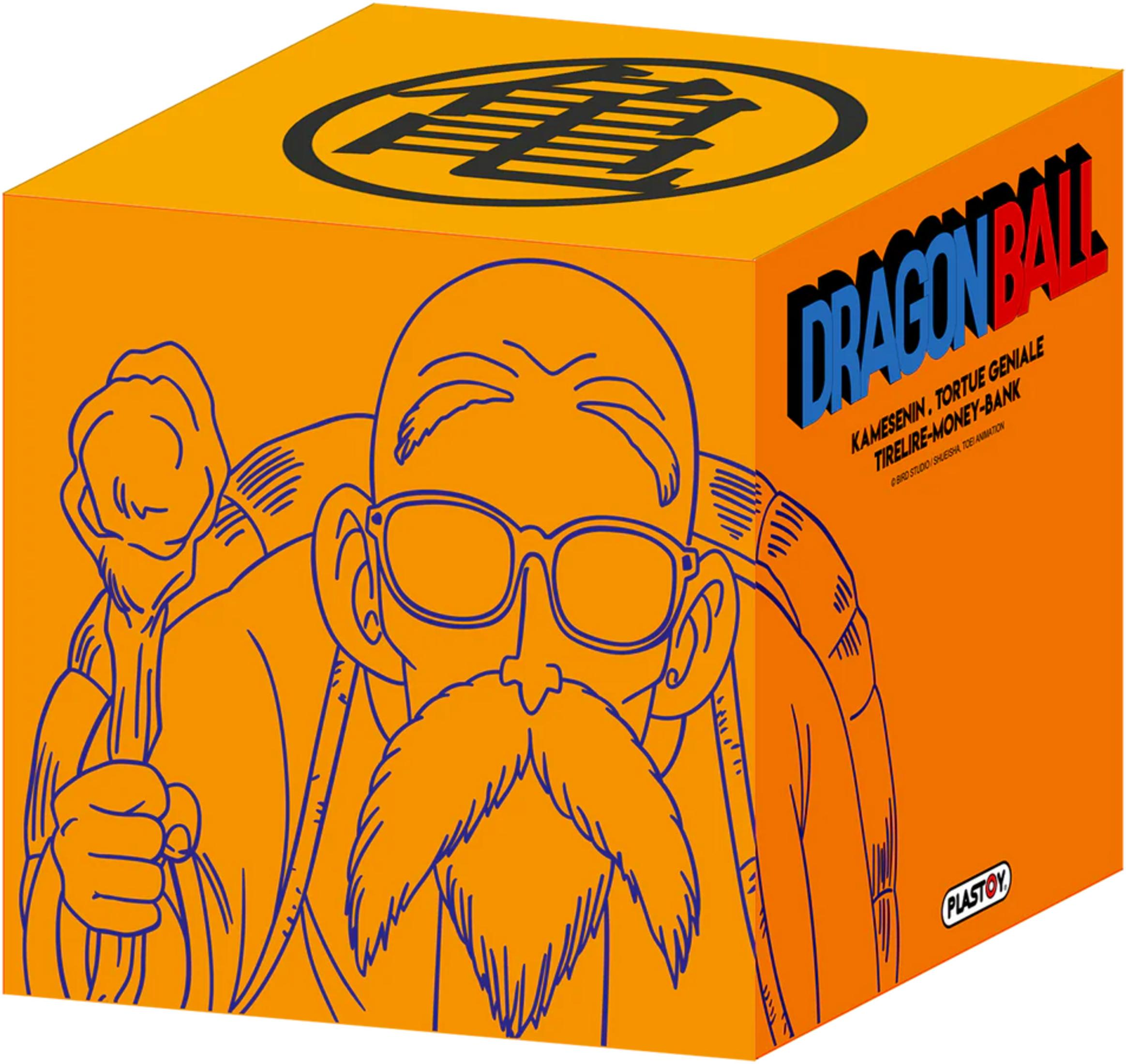 Orange Box mit Dragon Ball Motiv und Meister Roshi im Comic-Stil.