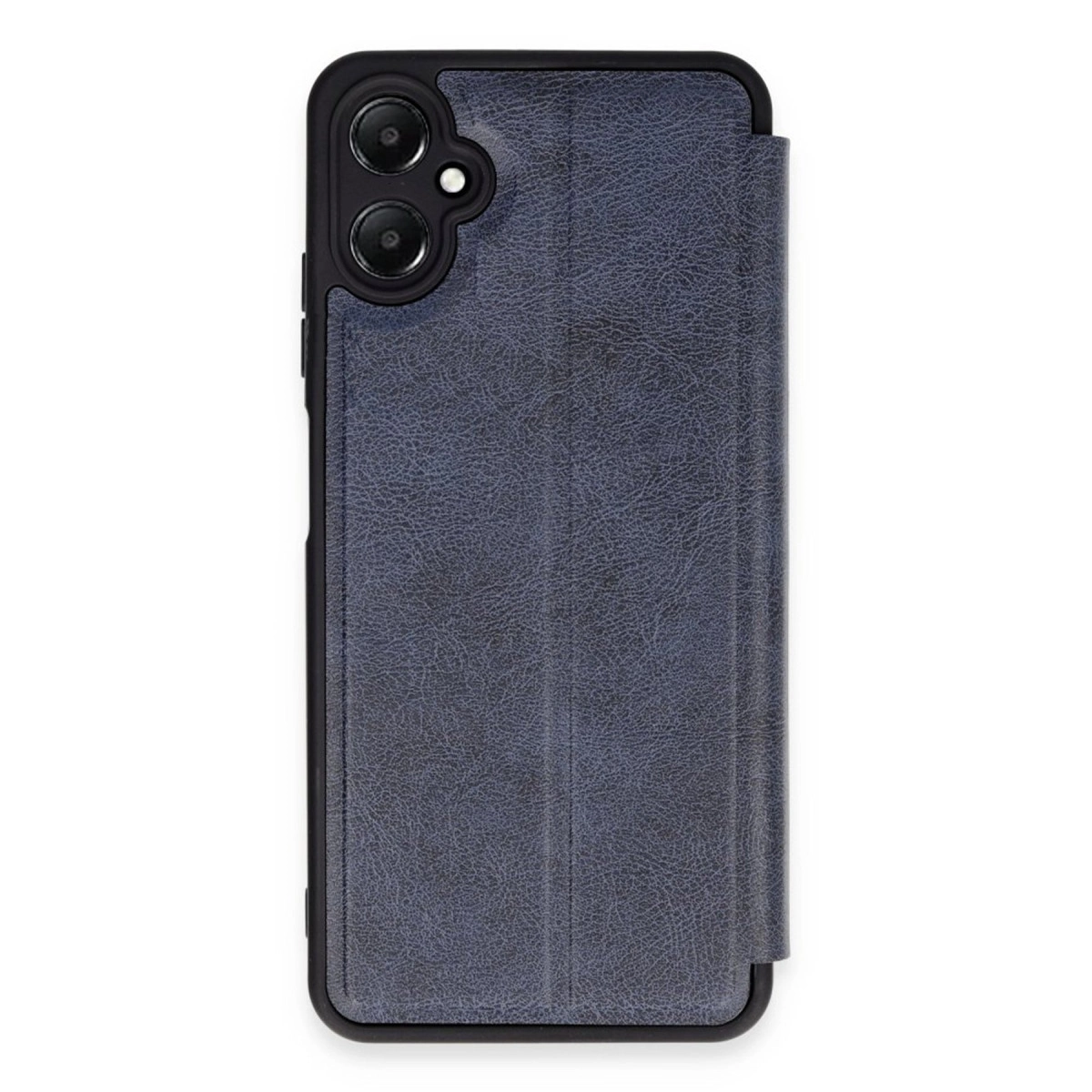 Kamera kesimli, koyu gri, deri dokulu telefon kılıfı.