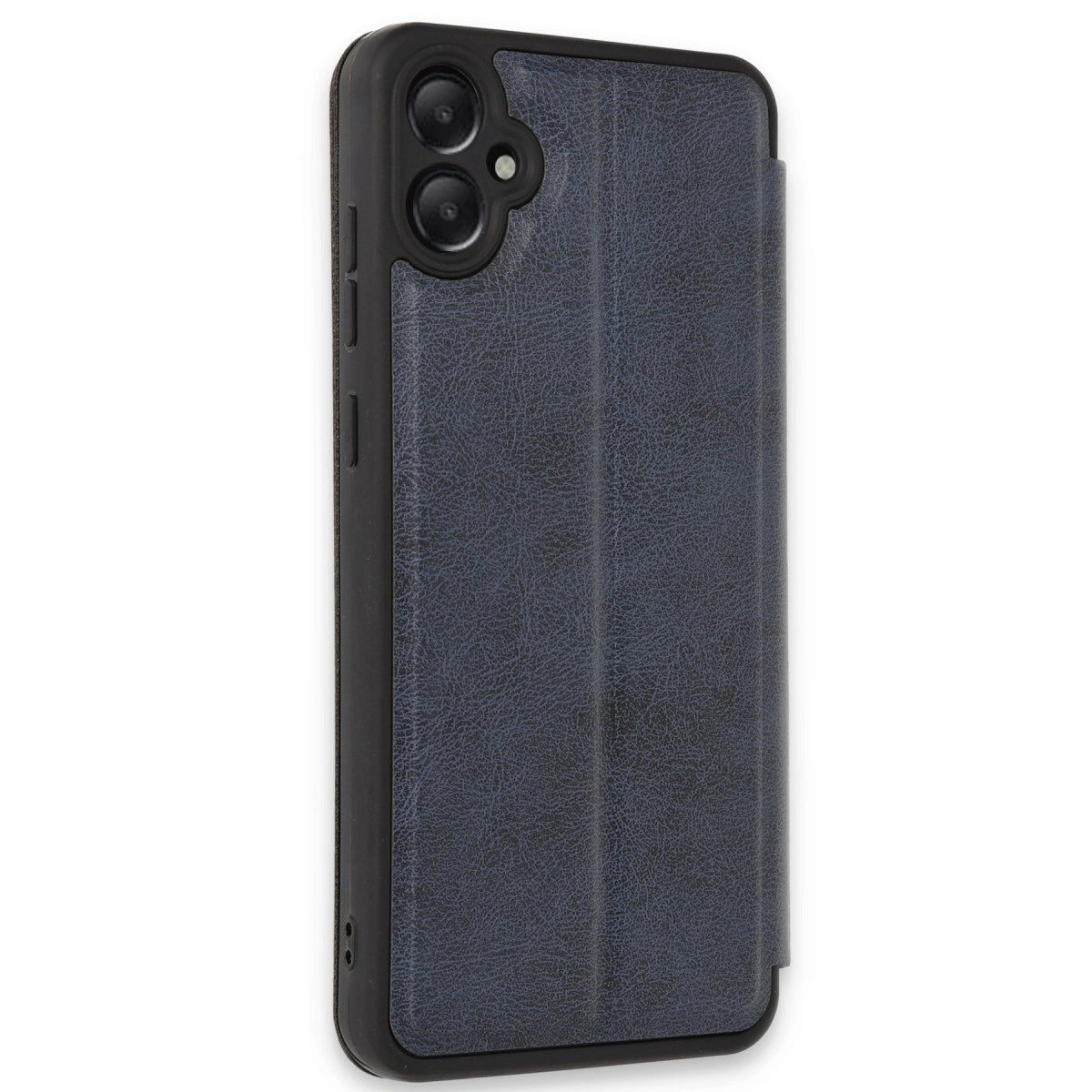 Koyu mavi dokulu telefon kılıfı, kamera kesimiyle, beyaz arka planda.