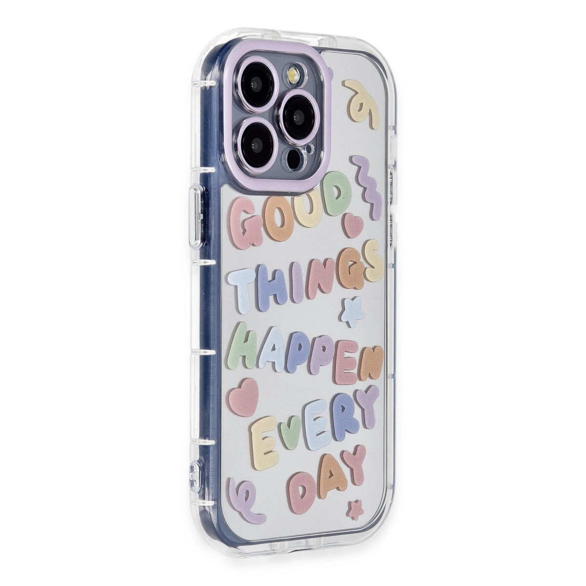 Renkli harflerle 'Good things happen every day' yazan şeffaf telefon kılıfı.