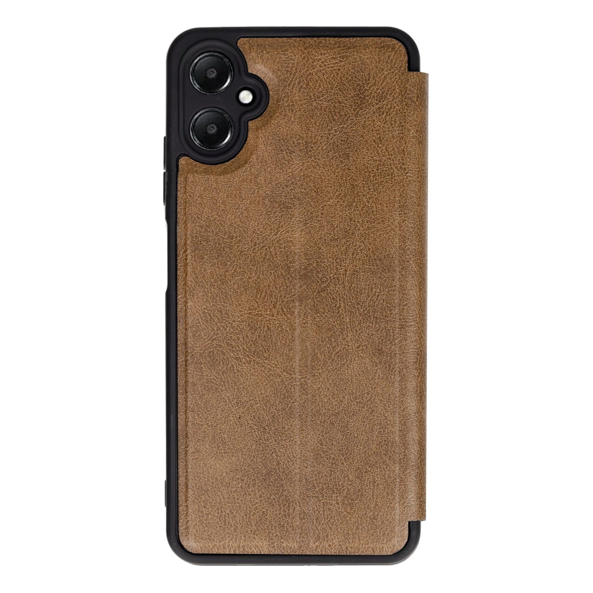 Arkada iki kamerası olan kahverengi telefon kılıfı.