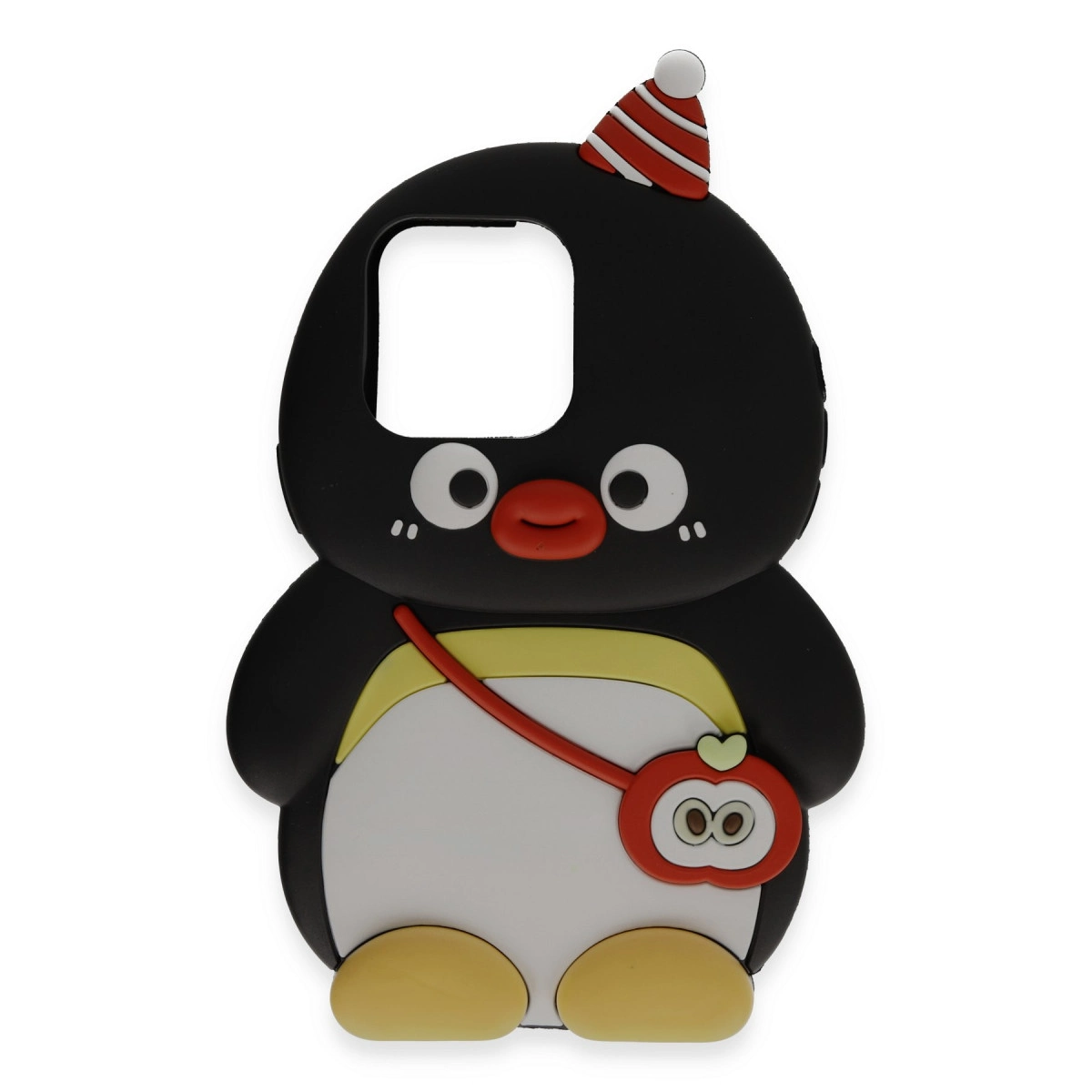 Kırmızı şapkalı, sarı atkılı, elma çantalı siyah penguen telefon kılıfı.