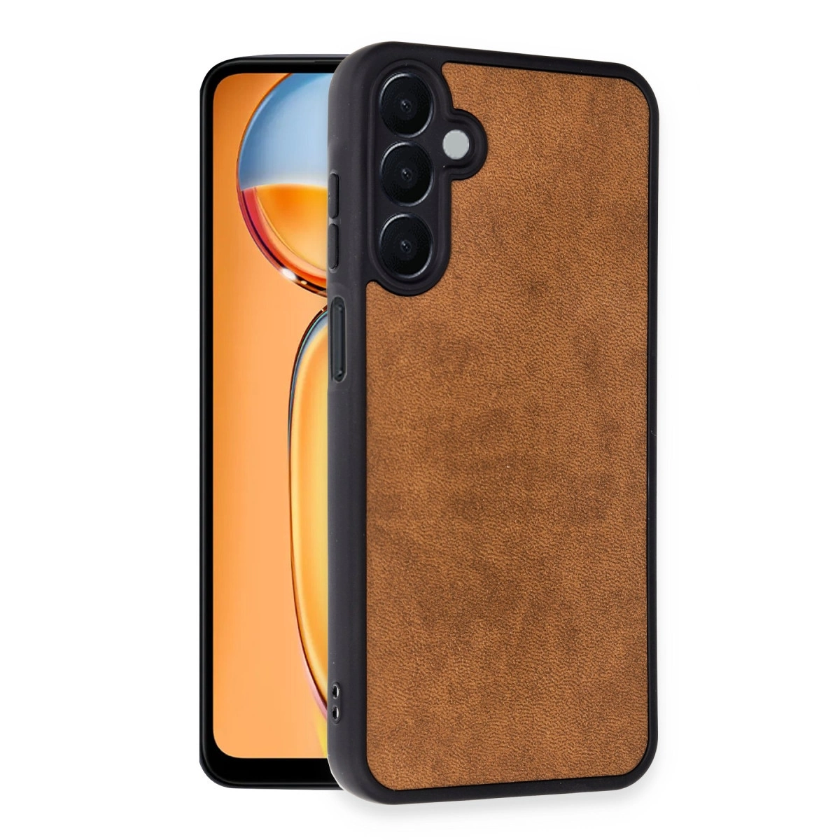 Kahverengi suni deri telefon kılıfı bir akıllı telefonun üzerinde duruyor.