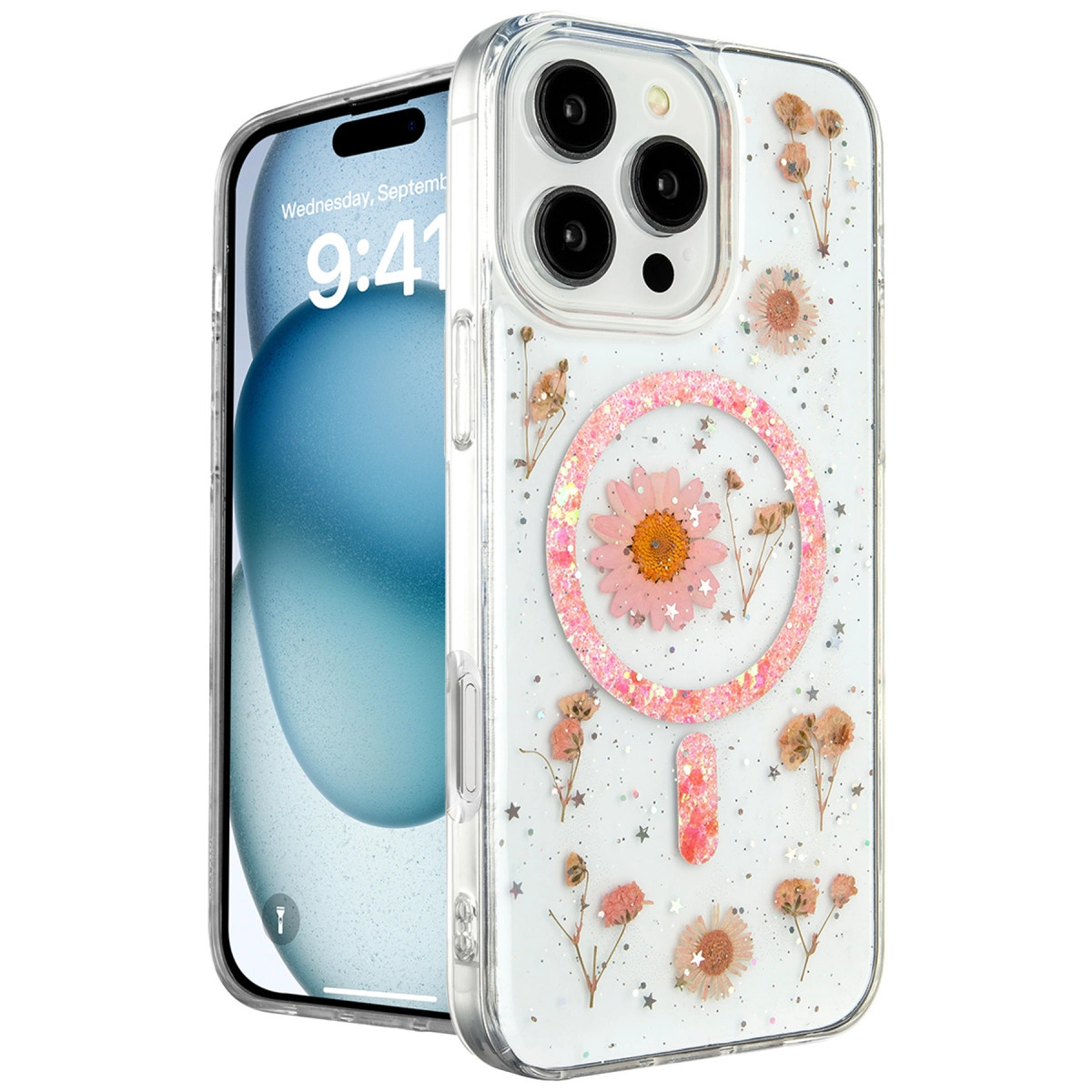 Telefon ekranını gösteren, kurutulmuş çiçekli ve simli şeffaf kılıf.
