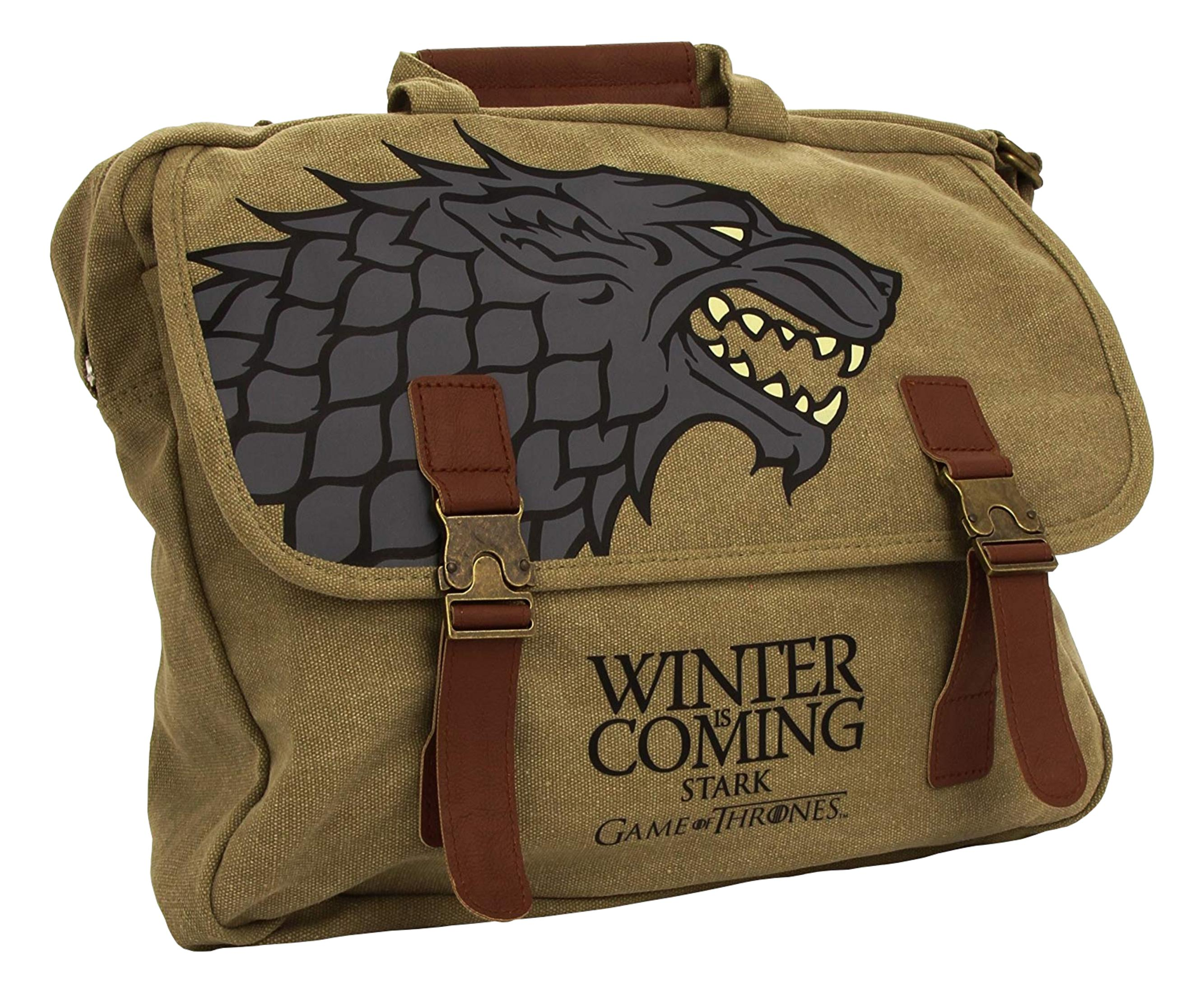 Eine braune Tasche mit einem grauen Wolfskopf-Logo und "Winter is Coming"-Schriftzug.