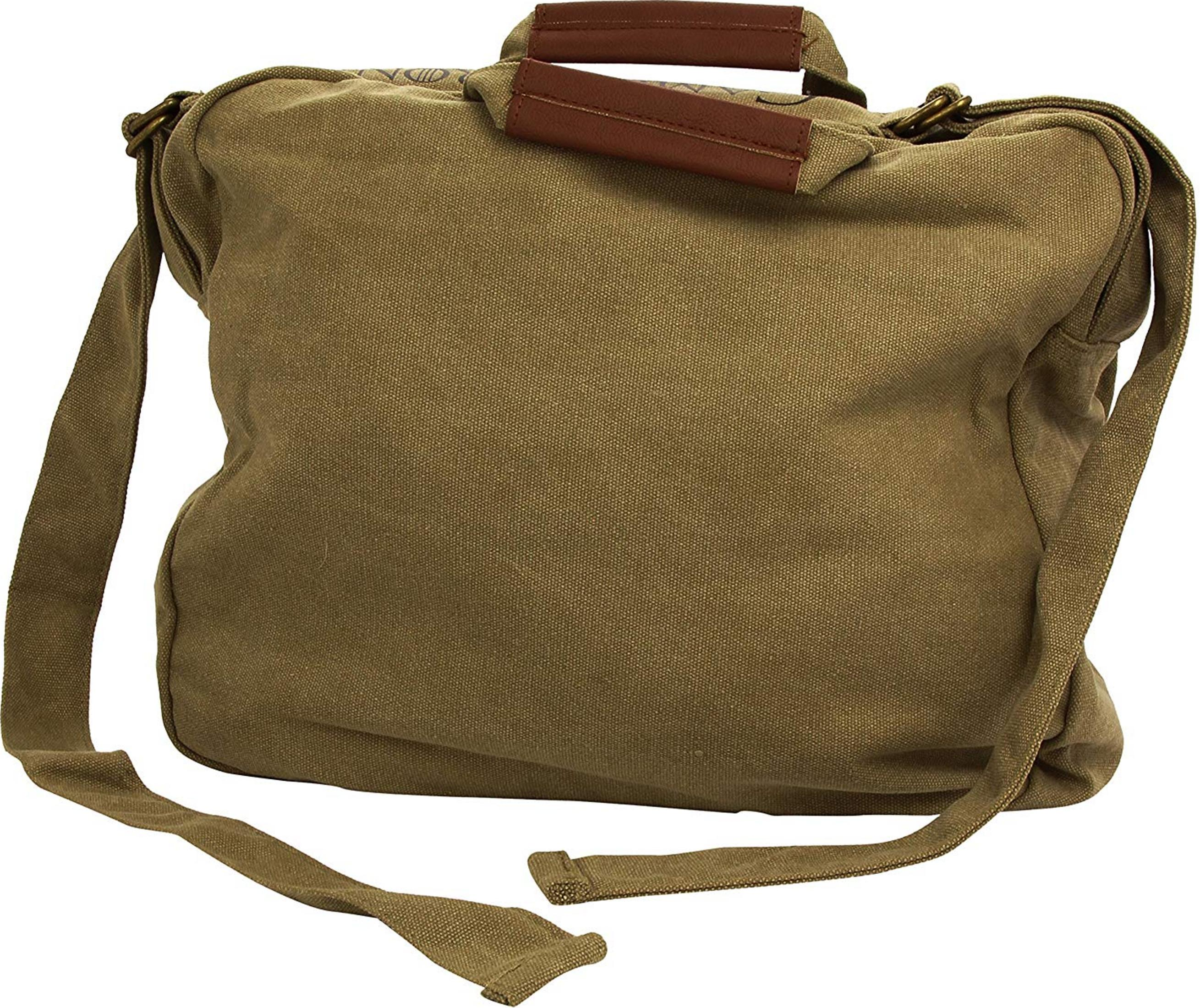 Eine olivgrüne Canvas-Tasche mit braunen Ledergriffen und Riemen.