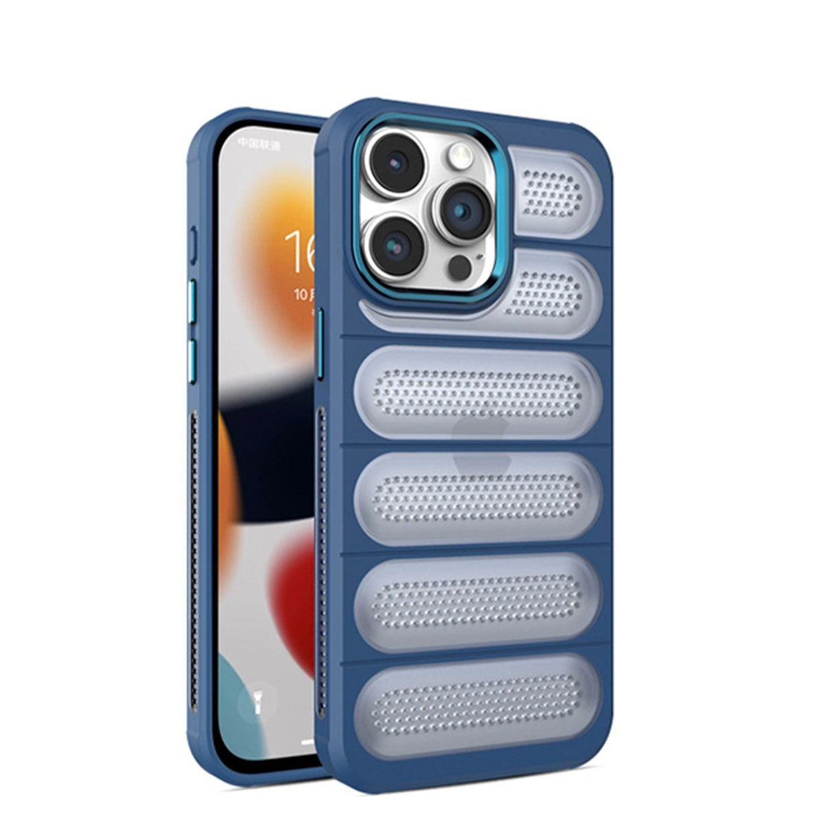 Havalandırma yuvalı mavi telefon kılıfı, arkada iPhone.