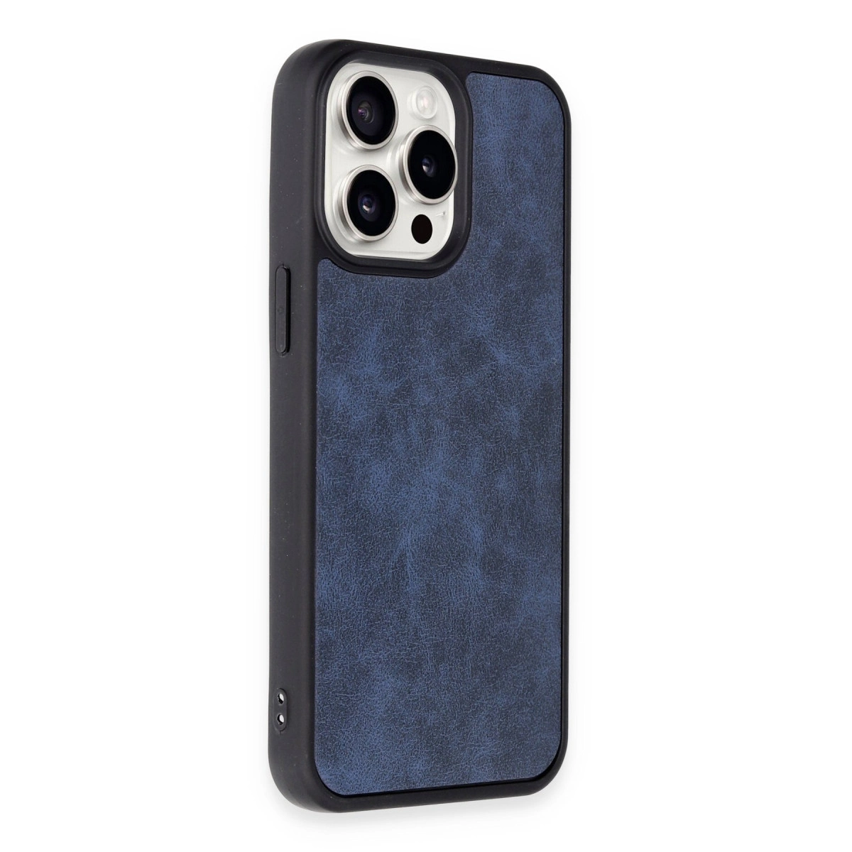 Siyah kenarlı ve kamera modüllü lacivert telefon kılıfı.