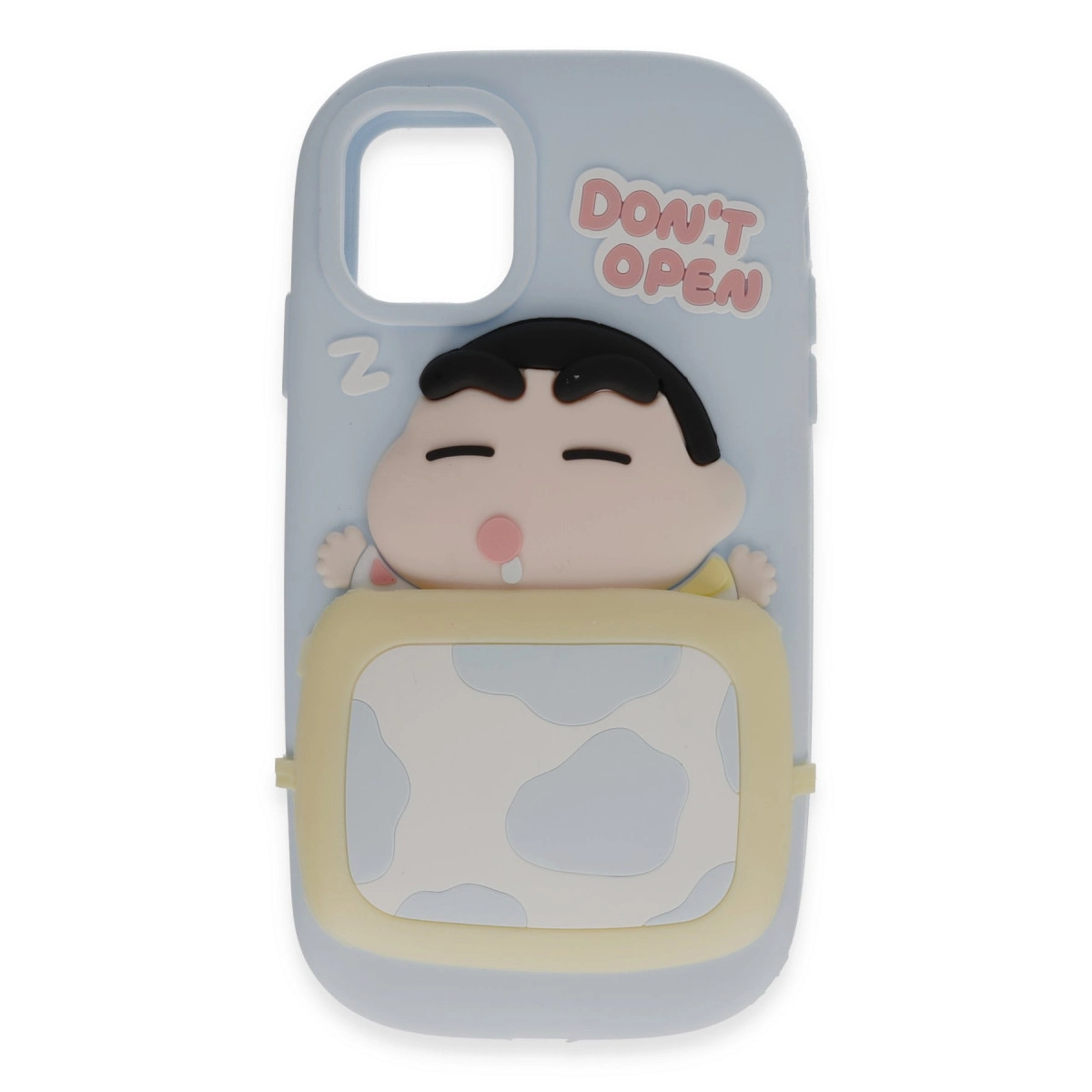 Uyuyan Shin-chan karakterli ve 'DON'T OPEN' yazılı açık mavi telefon kılıfı.