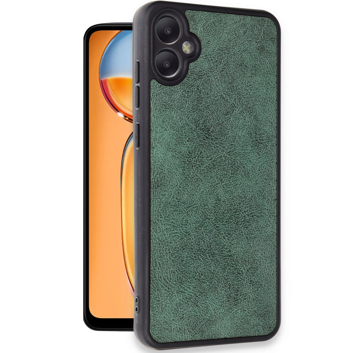 Yeşil dokulu deri telefon kılıfı bir telefonun üzerinde duruyor.