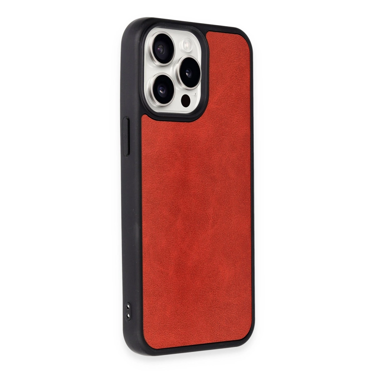 Kamera kesimli siyah çerçeveli kırmızı telefon kılıfı.